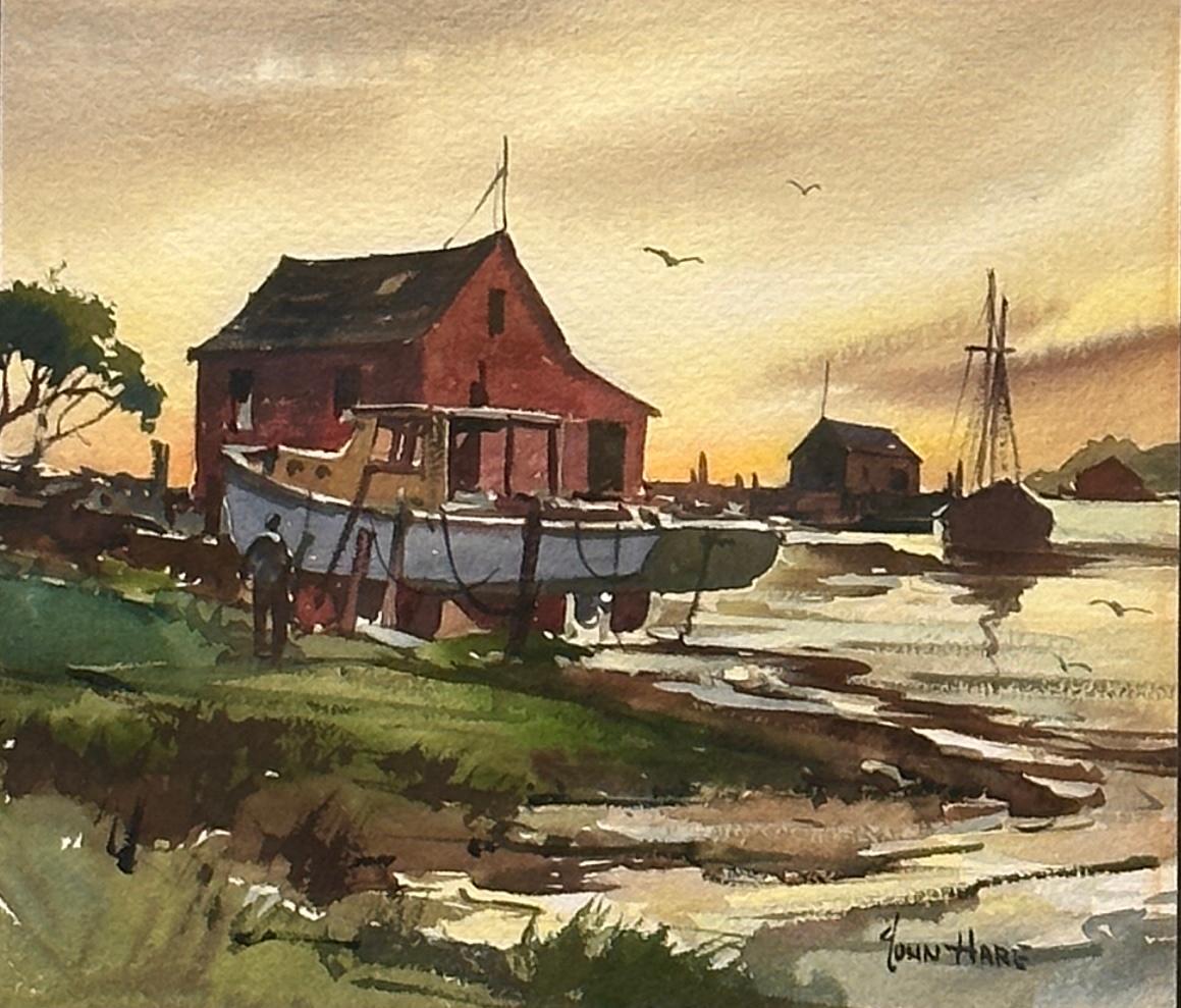 John Cuthbert Hare Landscape Art – „Wasserfront at Dusk - Cape Ann“, Sonnenaufgang- Hafenszene des Meisters der Aquarellmalerei