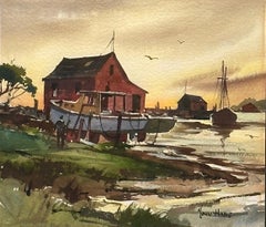 "Waterfront at Dusk - Cape Ann", sunrise harbor scene by master watercolorist