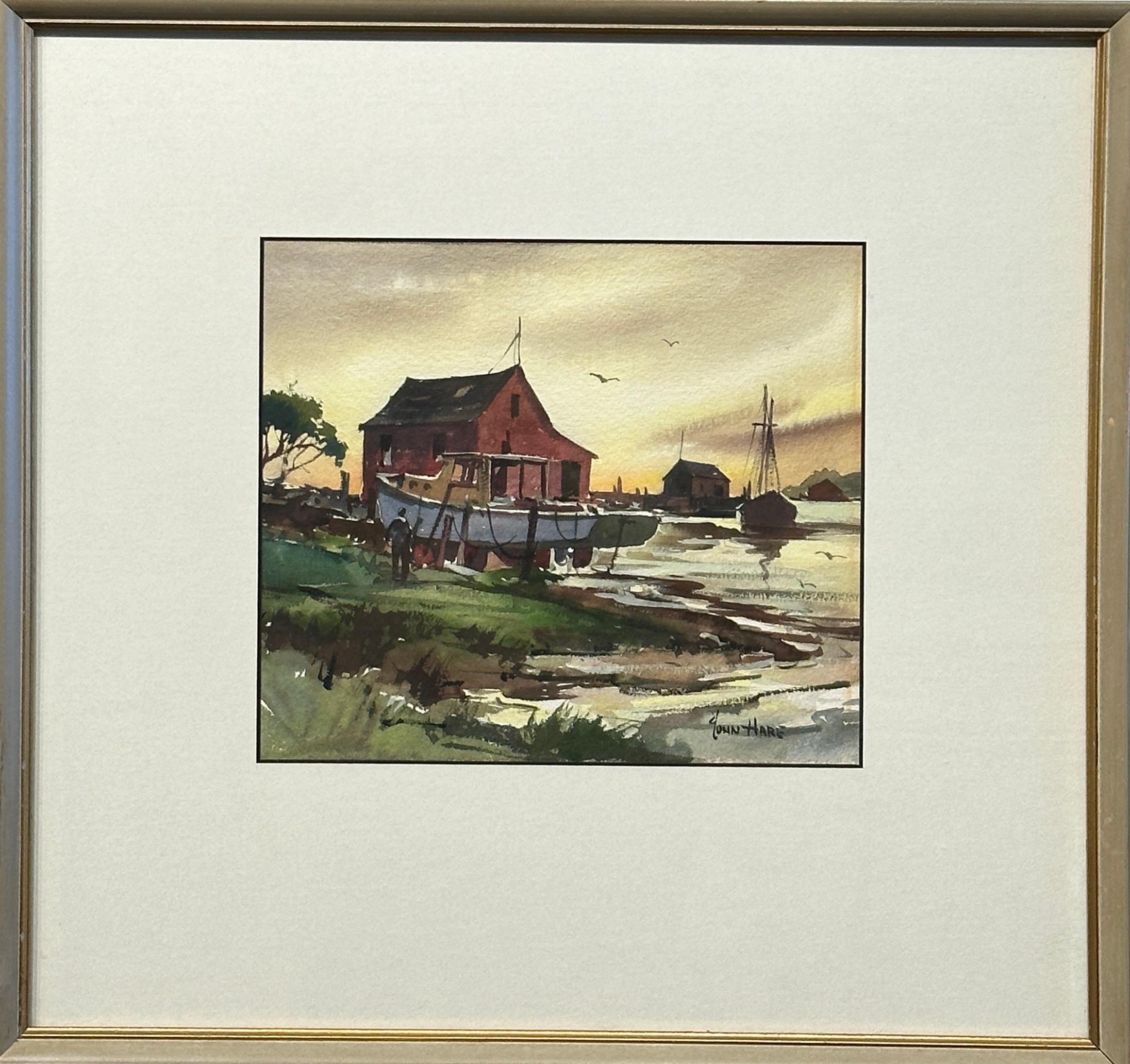 „Wasserfront at Dusk - Cape Ann“, Sonnenaufgang- Hafenszene des Meisters der Aquarellmalerei im Angebot 1