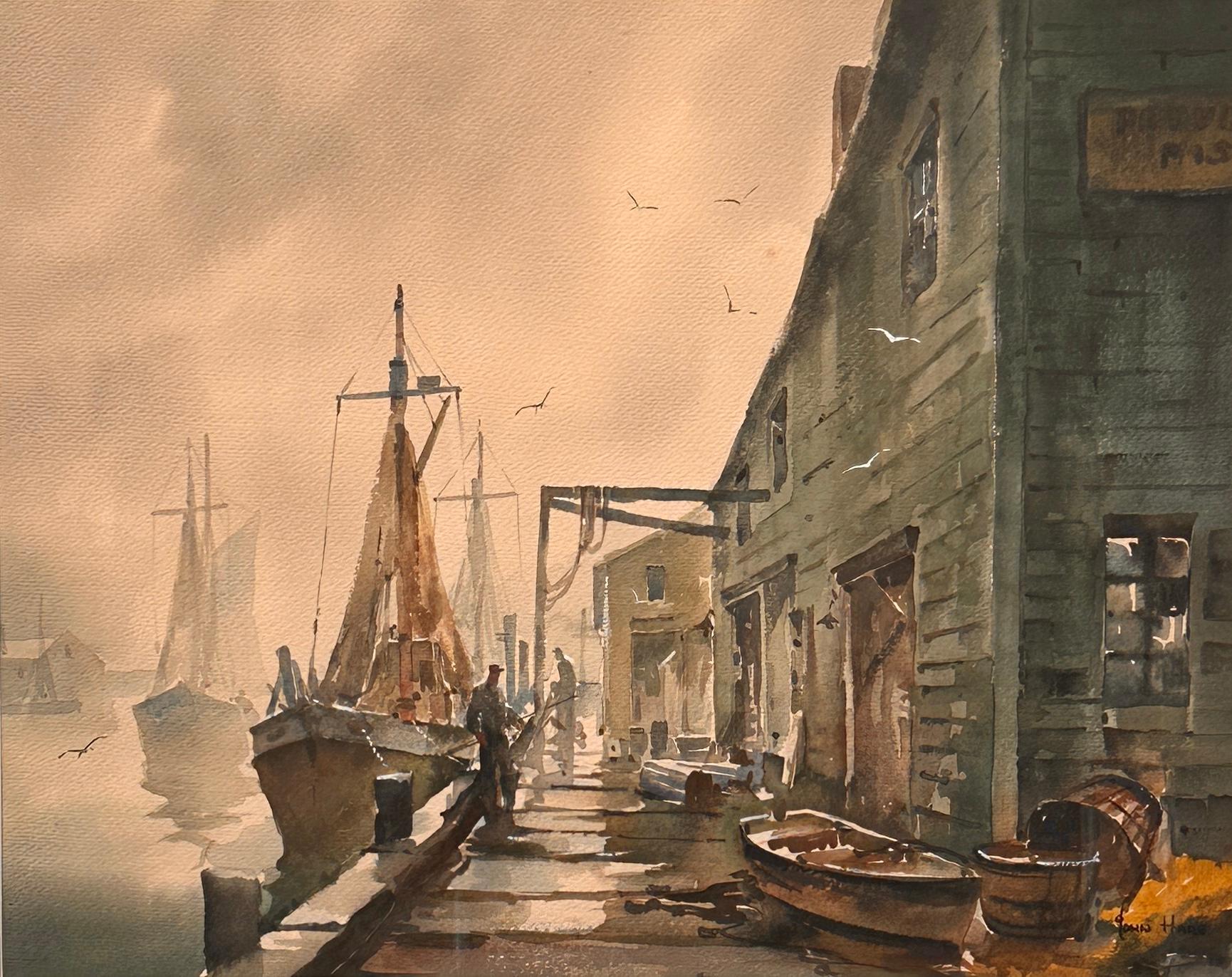 John Cuthbert Hare Landscape Art - "Cloudy Dock Scene", working peir with fishermen, boats, and architecture 