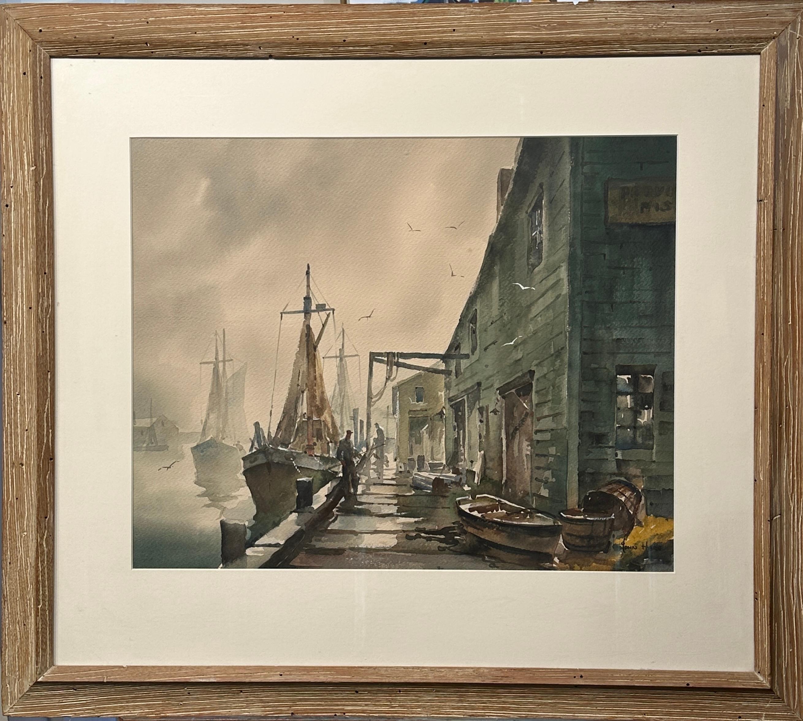 « Cloudy Dock Scene », paire de pêcheurs, bateaux et architecture  - Art de John Cuthbert Hare