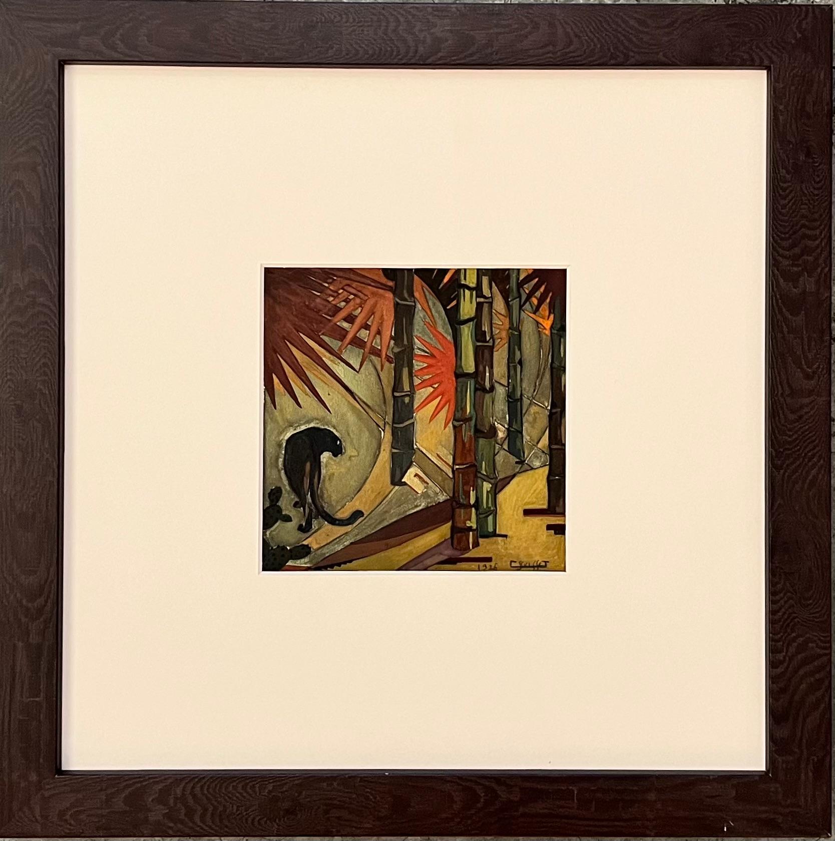 Art-Déco-Mixed-Media-Gemälde auf Papier – Panther in einem Wald von Bamboos von Gaston Suisse im Angebot 1