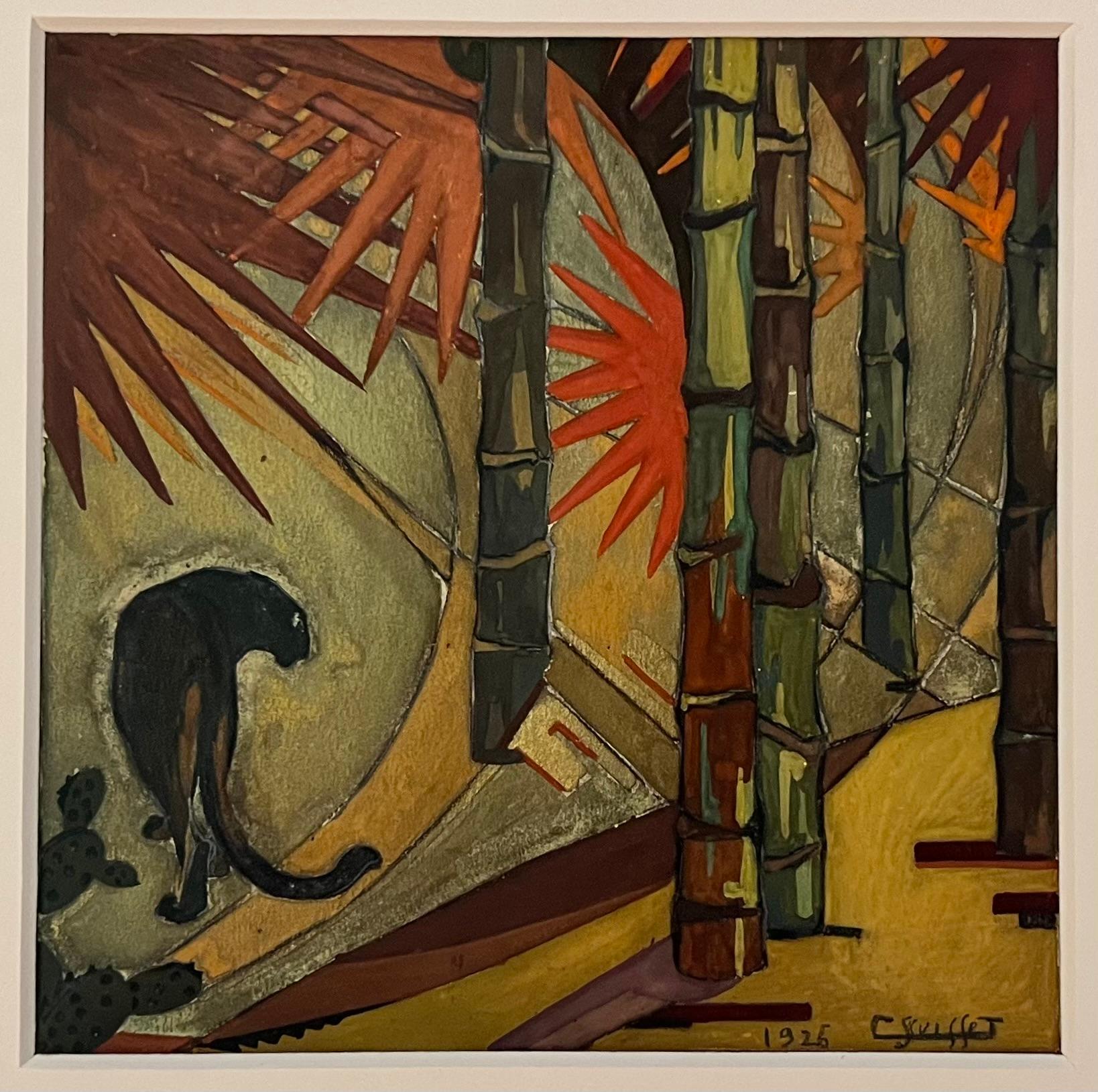 Art deco mixed media on paper - Panther in a forest of bamboos by Gaston Suisse