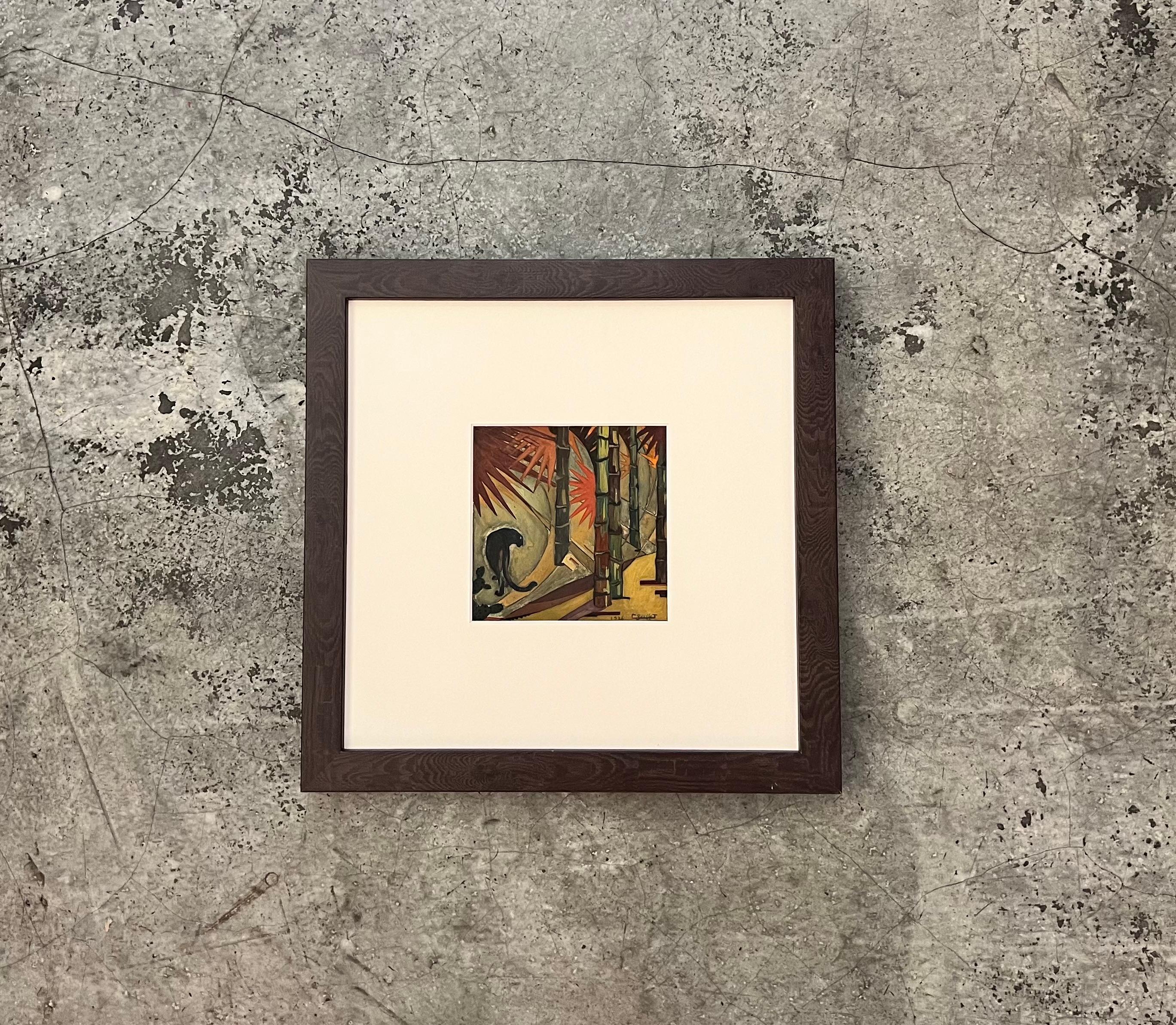 Art-Déco-Mixed-Media-Gemälde auf Papier – Panther in einem Wald von Bamboos von Gaston Suisse im Angebot 2