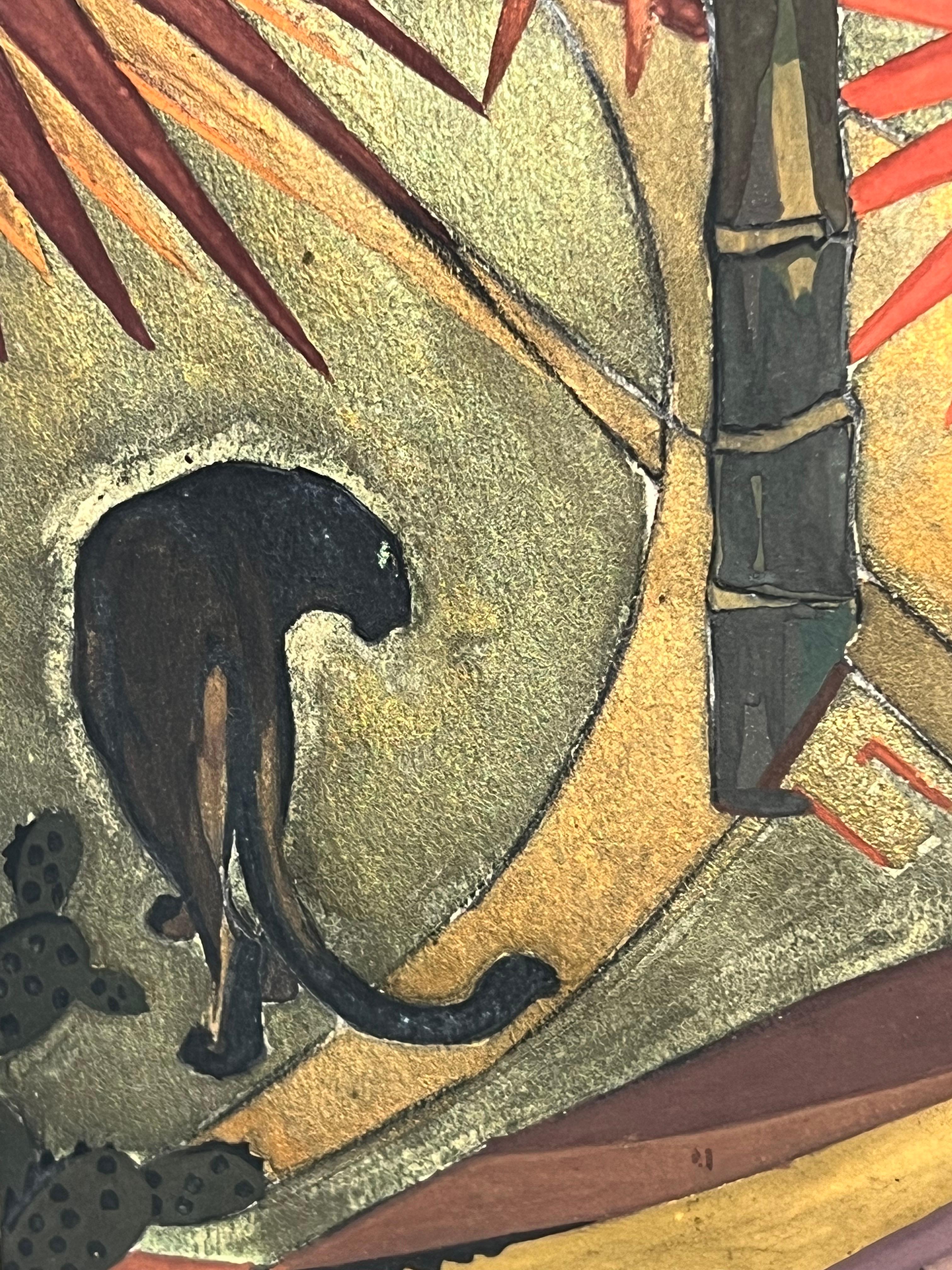 Art-Déco-Mixed-Media-Gemälde auf Papier – Panther in einem Wald von Bamboos von Gaston Suisse im Angebot 4