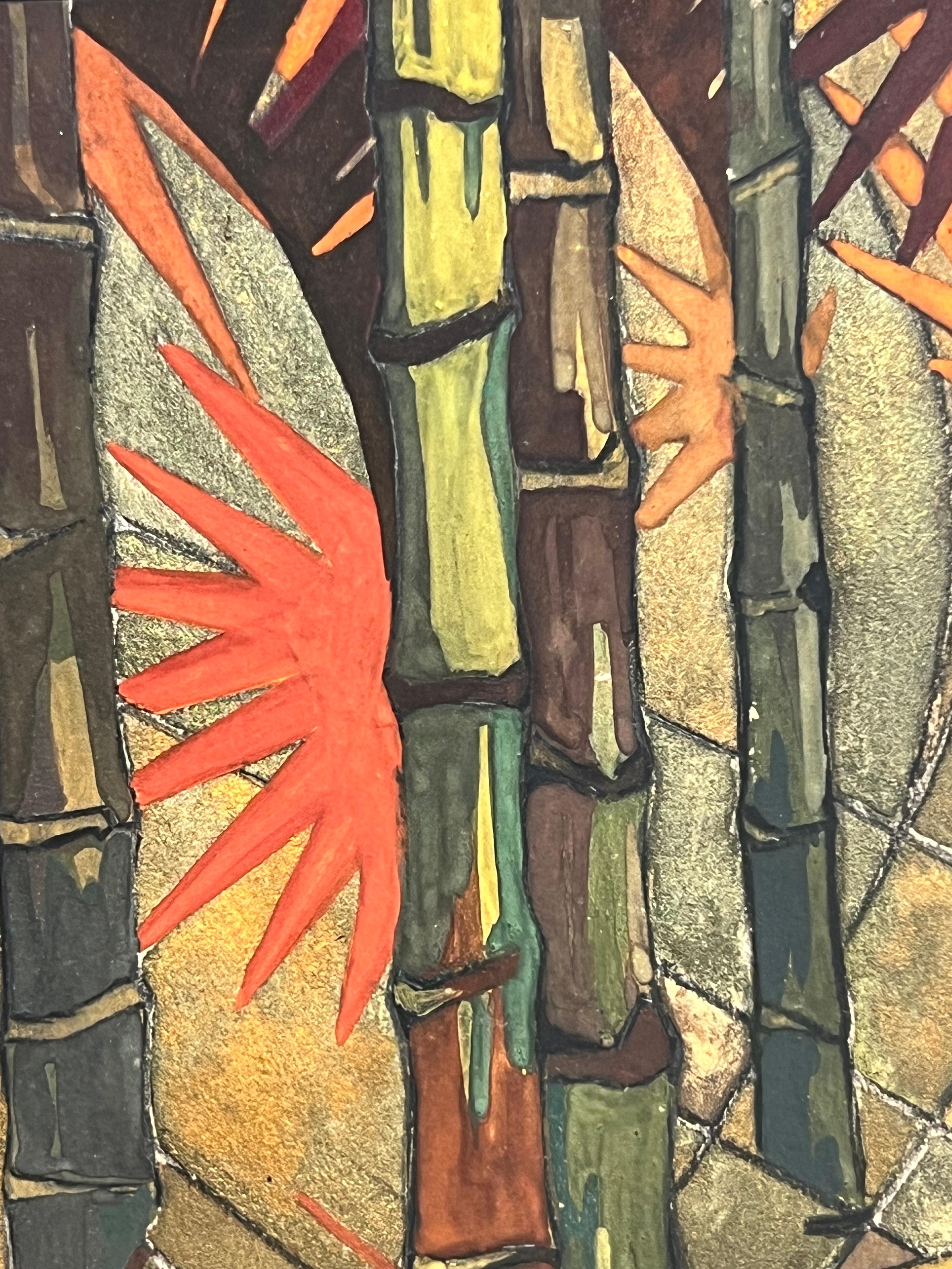 Art-Déco-Mixed-Media-Gemälde auf Papier – Panther in einem Wald von Bamboos von Gaston Suisse im Angebot 5