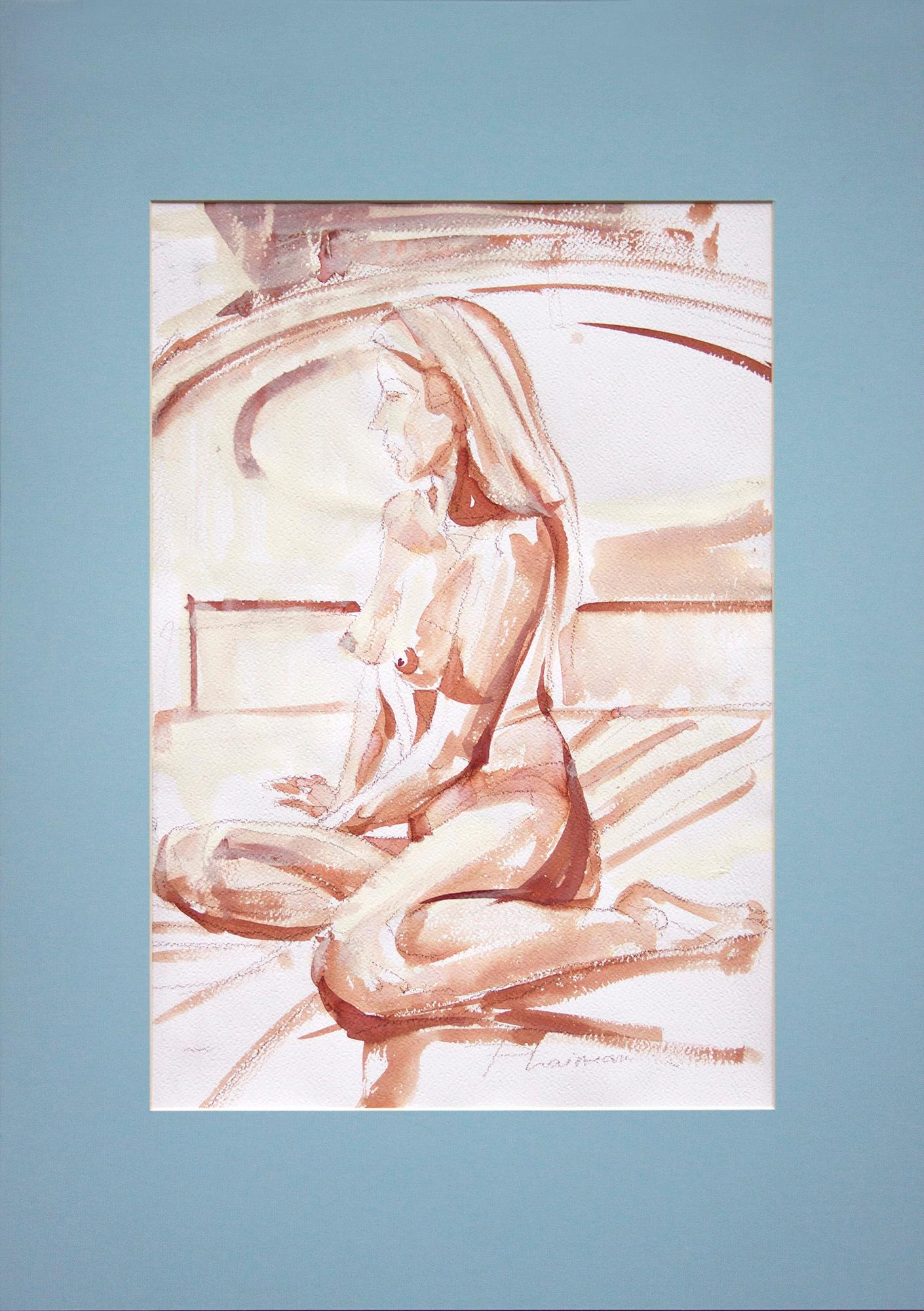 Paula Craioveanu Figurative Art - FRAMED Nude in Winter Light - sepia ink watercolor original by PAULA CRAIOVEANU