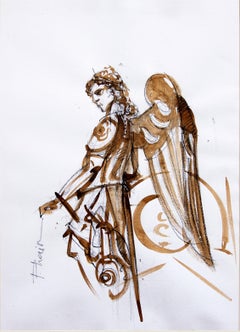 Warrior Angel sepia ink drawing original by Paula Craioveanu 27.5x19.5in