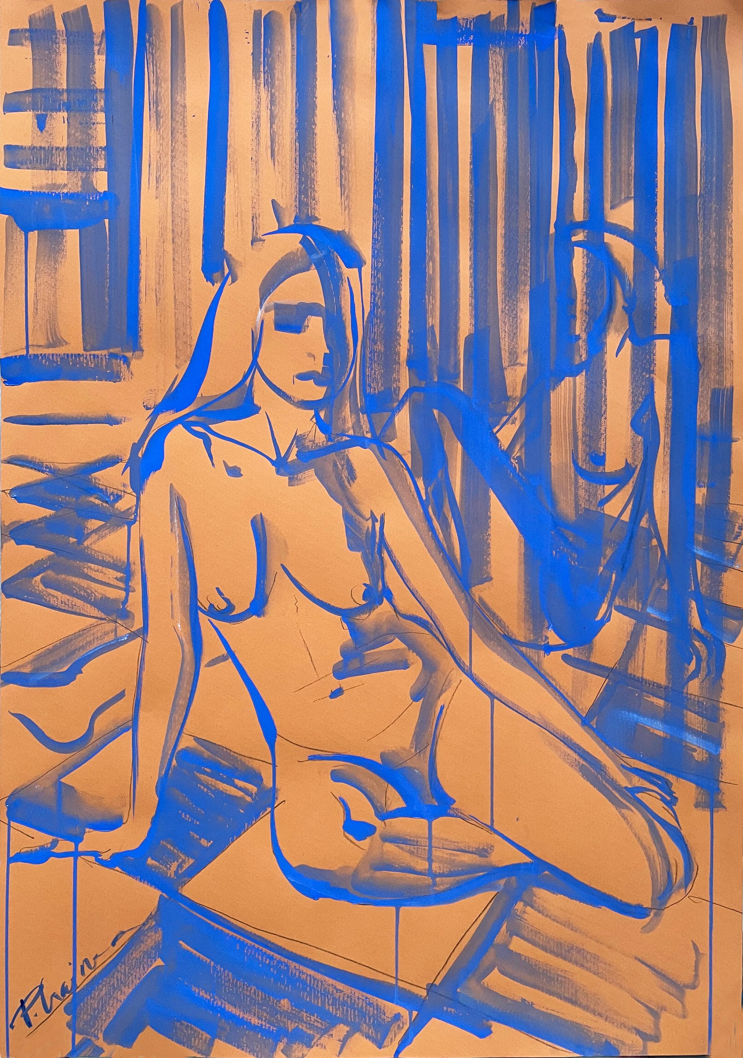 Nude on Chessed Floor, pencil and ultramarine tempera on paper, inspired by Matisse.
Part of Nude in Interior series.
Large drawing. Shipped rolled in a tube, directly from the artist's studio.

Artist Statement
"I started by painting interiors,
