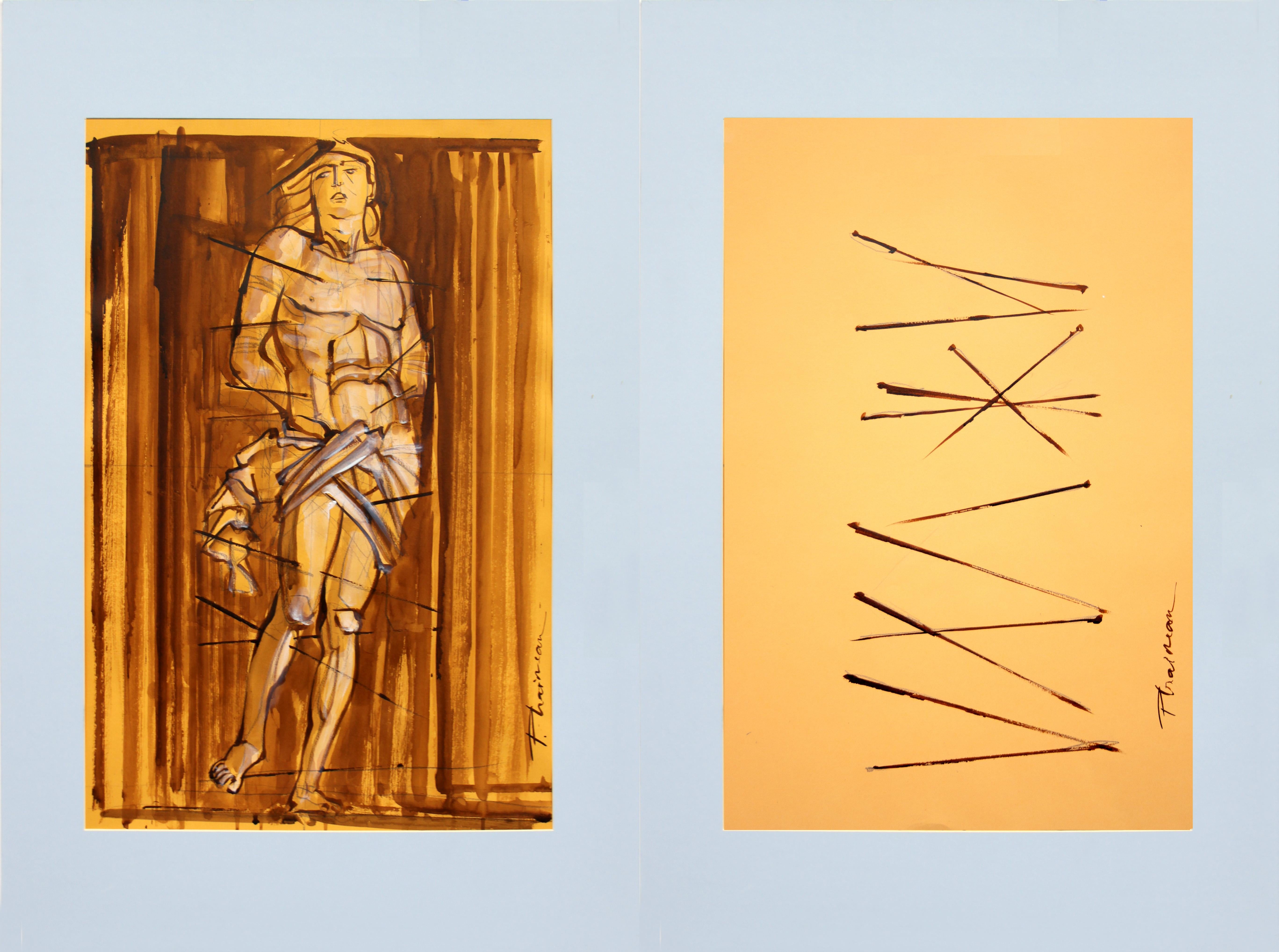 "Arrows of St Sebastian" diptych 2 sepia ink drawings by Paula Craioveanu

This is a set of 2ink drawings, showing in a modern vision the martyrdom of St Sebastian.
These 2 drawings will be shipped rolled in a tube, well packed. 
In mat for display