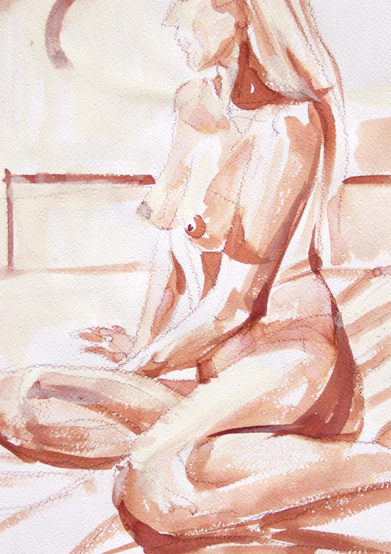 FRAMED Nude in Winter Light - sepia ink watercolor original by PAULA CRAIOVEANU - Gray Figurative Art by Paula Craioveanu