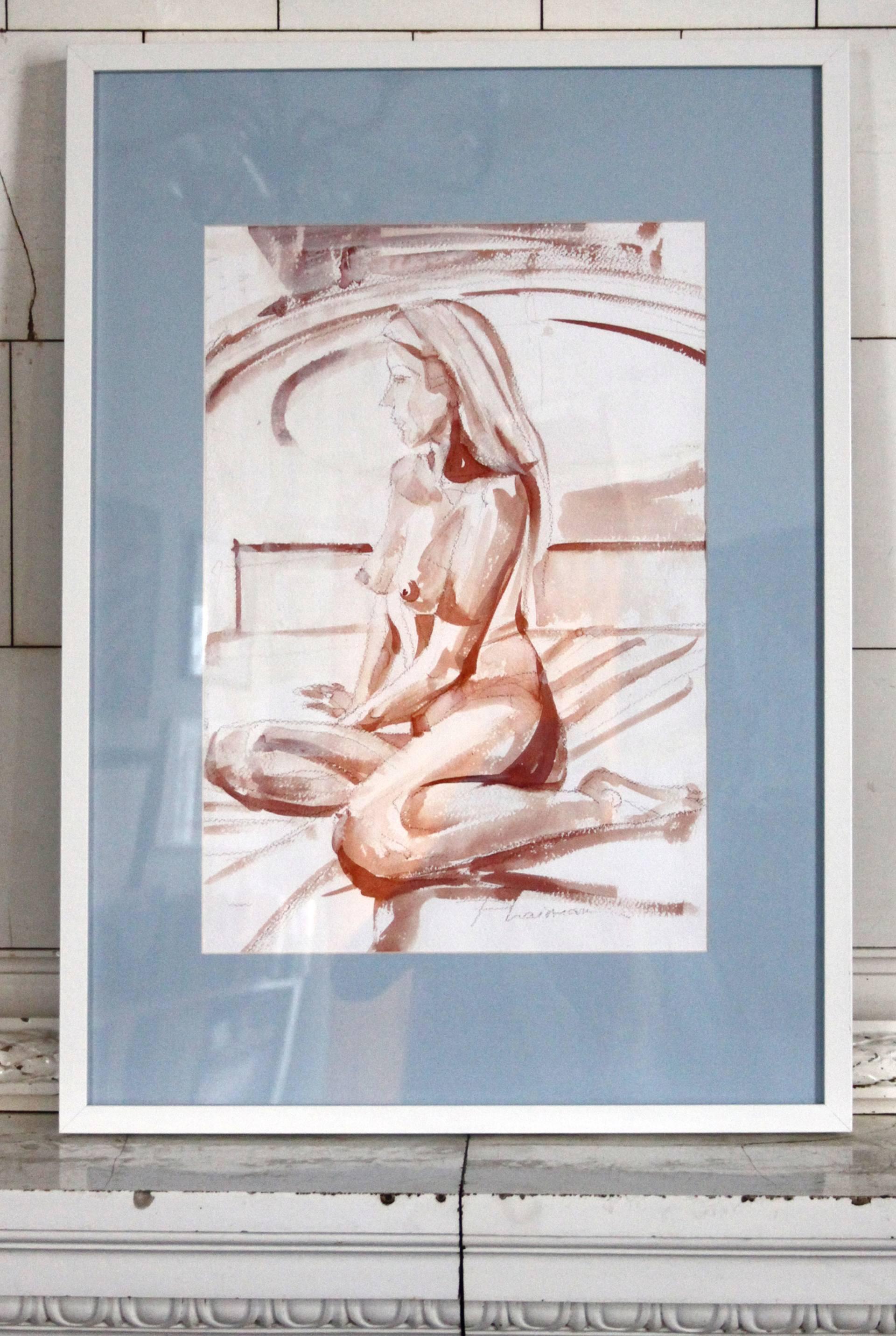 FRAMED Nude in Winter Light - sepia ink watercolor original by PAULA CRAIOVEANU - Art by Paula Craioveanu