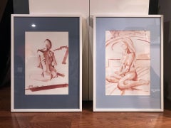 Akt auf einem Sofa mit Sepia-Tinte-Aquarell in Matt und gerahmt