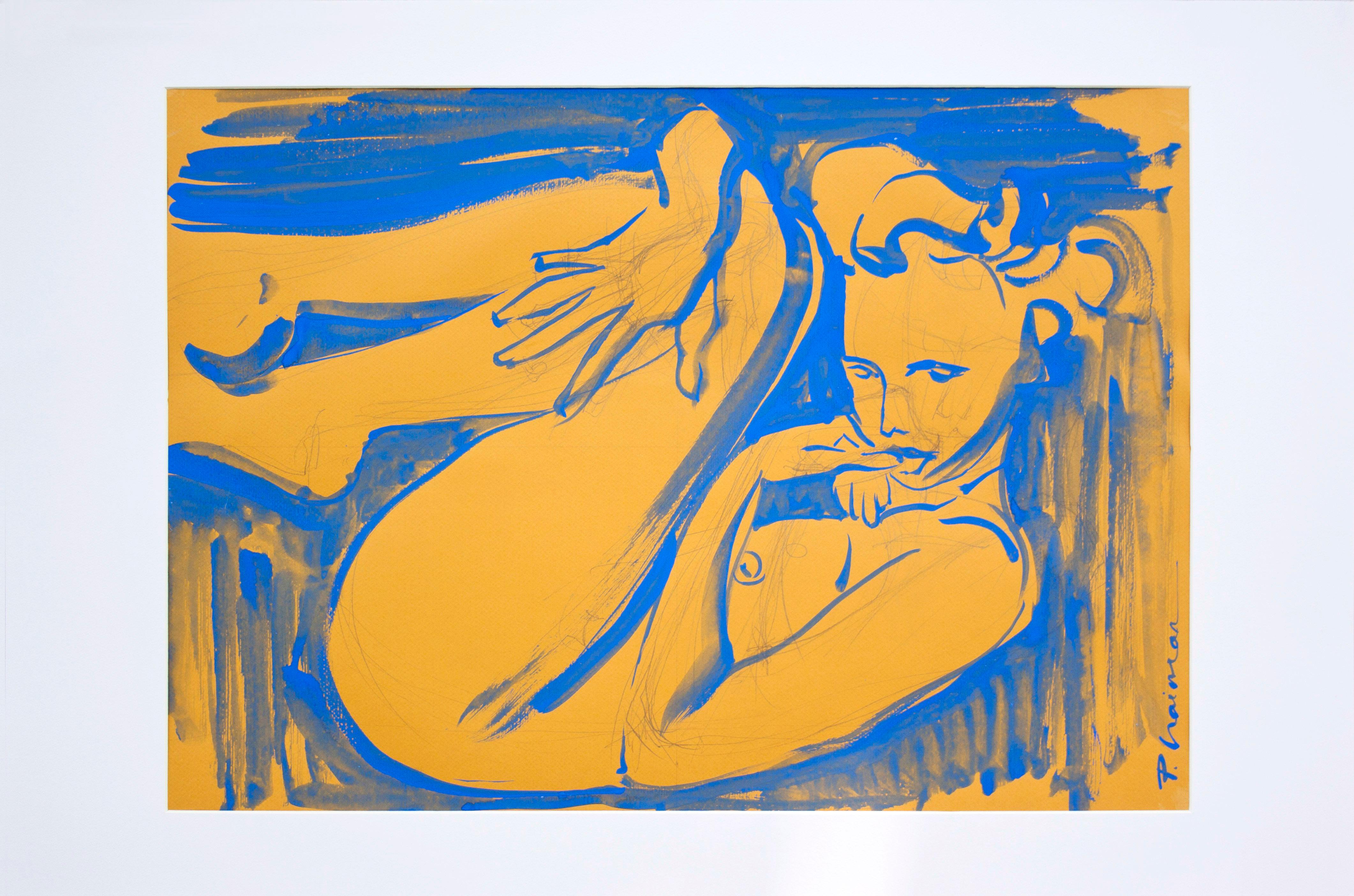 Blue Nude 1 - original tempera on paper by Paula Craioveanu inspired by Matisse For Sale 1