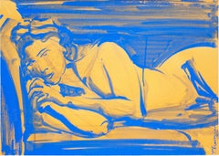 Blue Nude 2 - original ultramarine tempera on paper by Paula Craioveanu