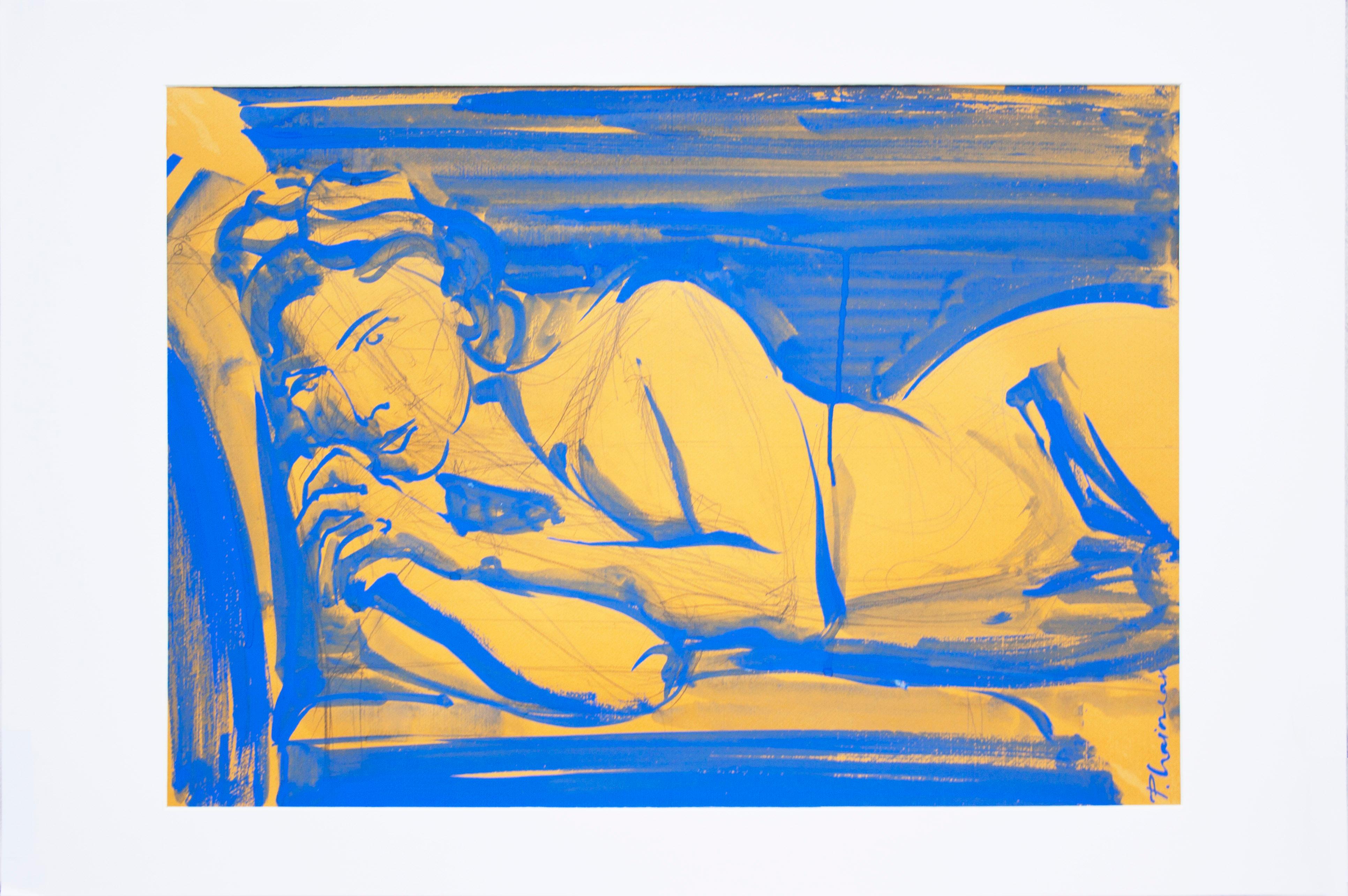 Blue Nude 2 - original ultramarine tempera on paper by Paula Craioveanu For Sale 2