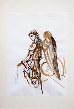 Warrior Angel sepia ink drawing original by Paula Craioveanu 27.5x19.5in