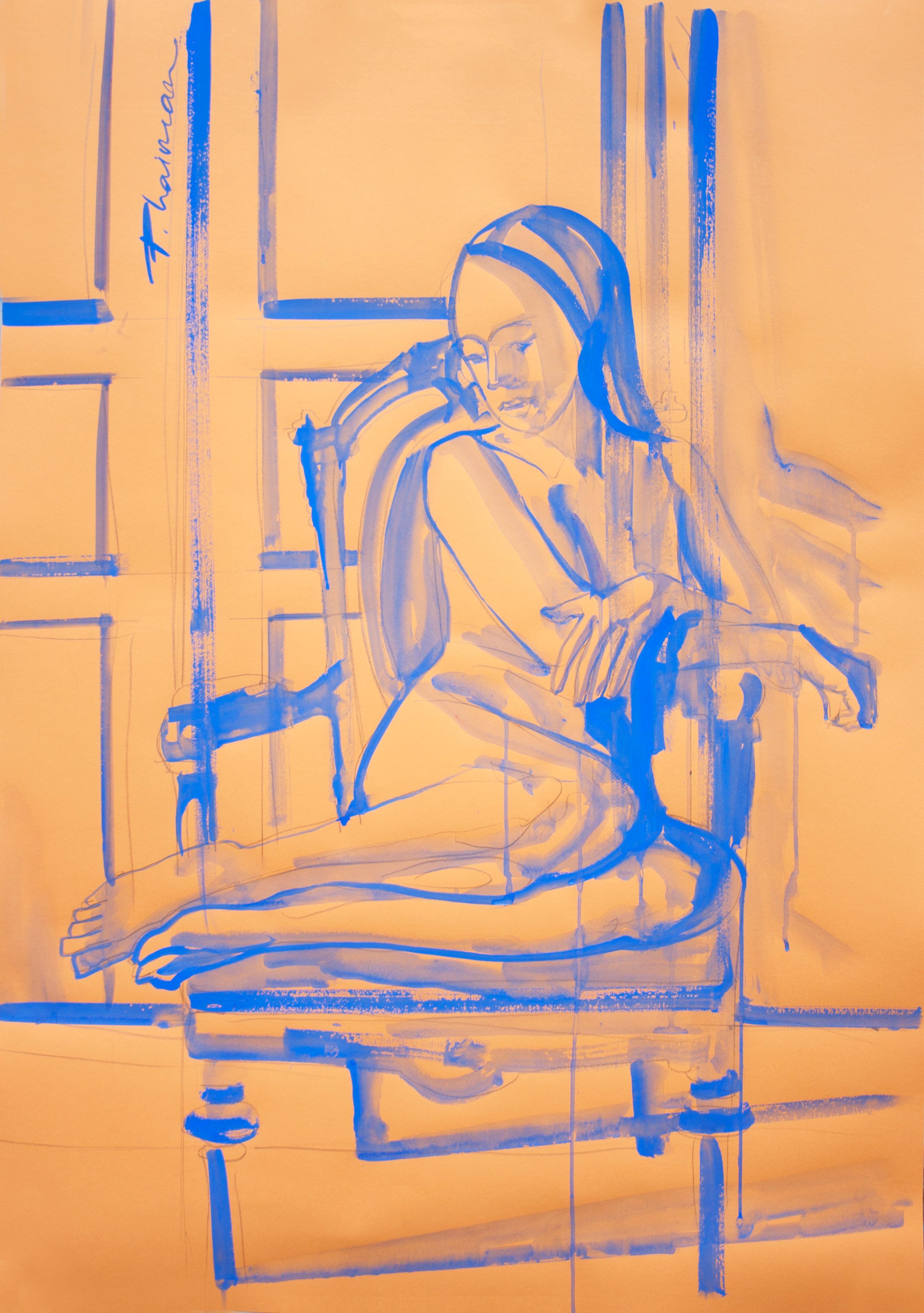 "Private Moment", 39x27.5in / 100x70cm, pencil and ultramarine tempera on paper, inspired by Matisse. Part of Nude in Interior series. Large drawing. Shipped rolled in a tube, from Florida, US. Free shipping for items over $500 with 1stDibs