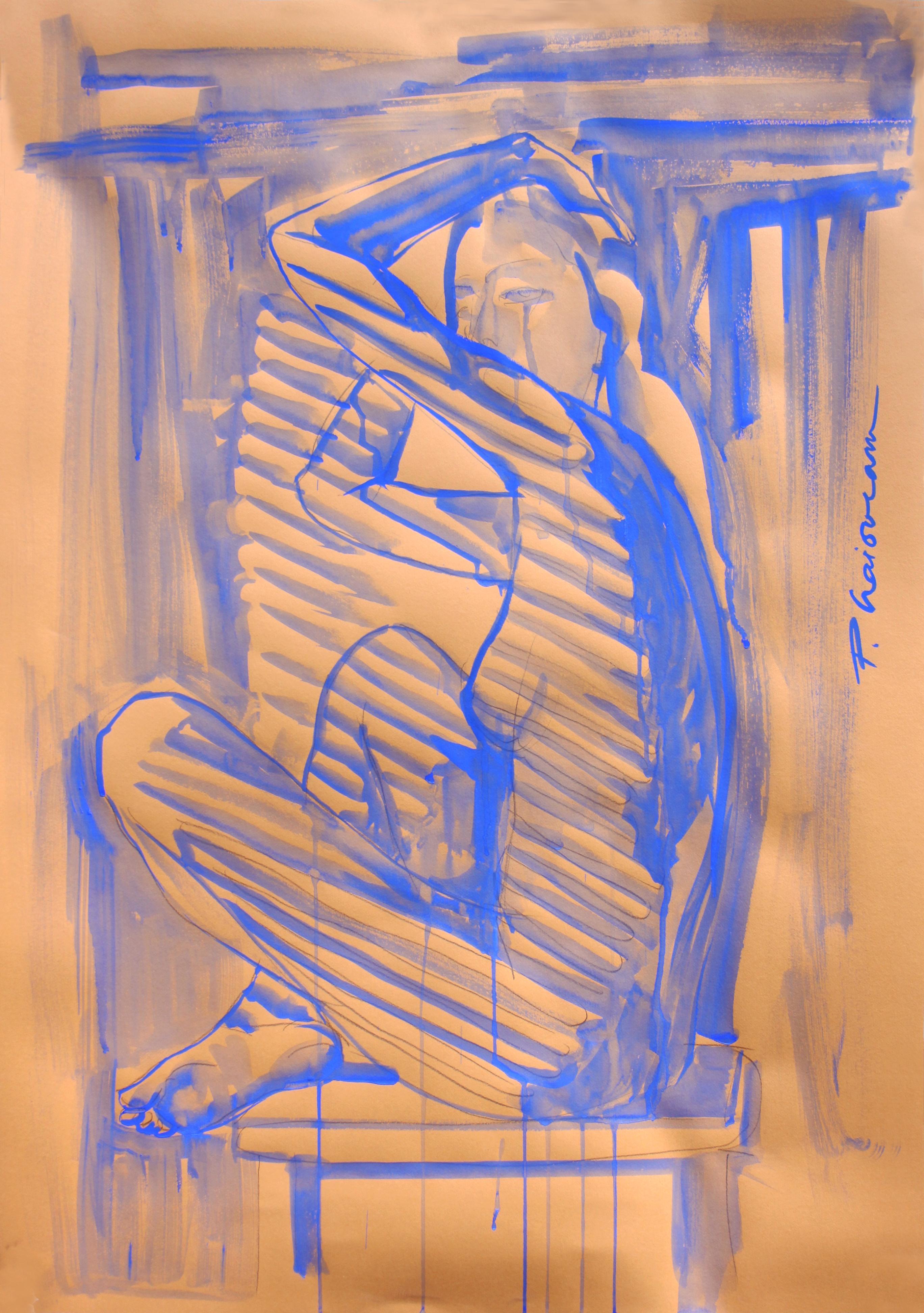 "Sensory Experience", pencil and ultramarine tempera on paper, inspired by Matisse.
Part of Nude in Interior series.
Large drawing. Shipped rolled in a tube, from Florida, US.

Artist Statement
"I started by painting interiors, being interested in