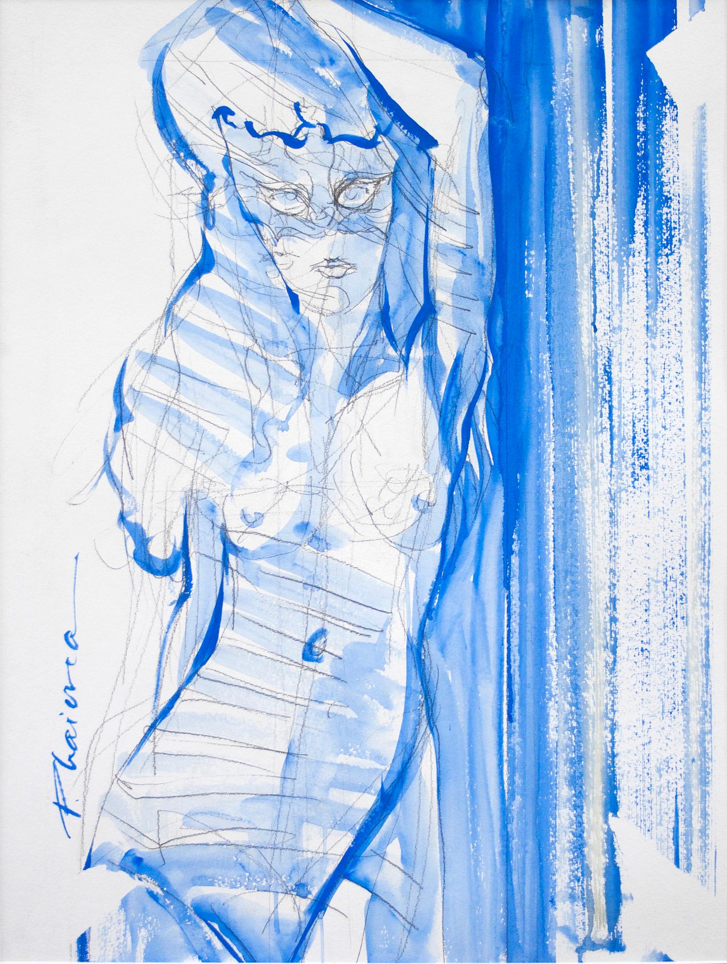 Masked Beauty in Blue , pencil and tempera on paper, inspired by Matisse.
Part of Nude in Interior series.
Shipped rolled in a tube, directly from the artist's studio.
See pictures, in mat and framed, as they were in the exhibition.

Artist