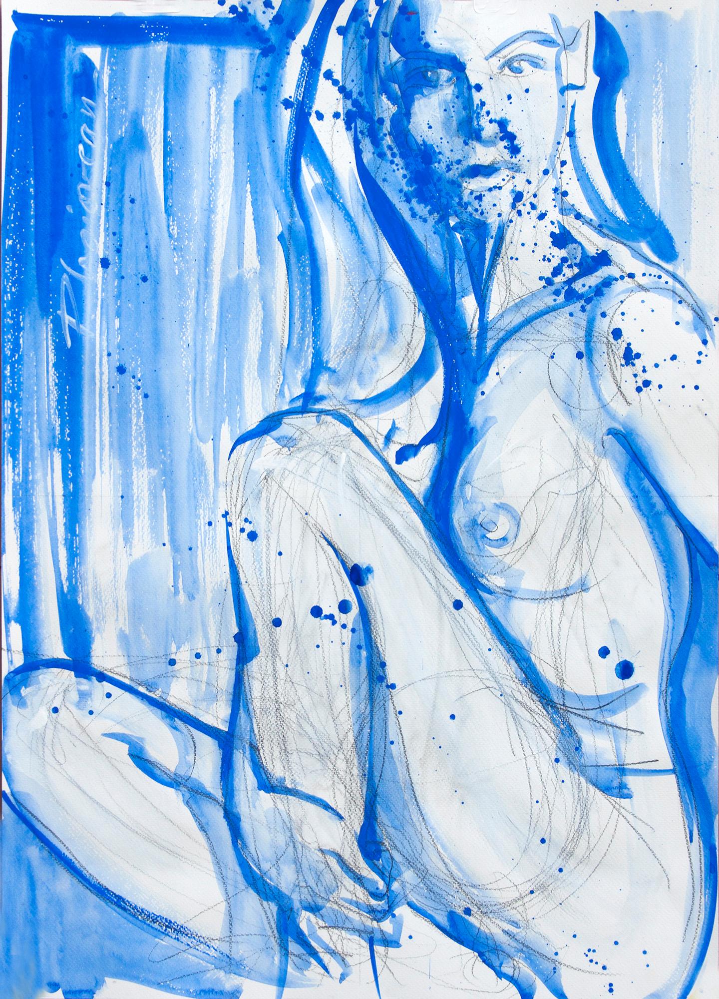 Out of the Water, pencil and tempera on paper, inspired by Matisse.
Part of Nude in Interior series.
Shipped rolled in a tube, directly from the artist's studio.
See pictures, in mat and framed, as they were in the exhibition.

Artist Statement
"I