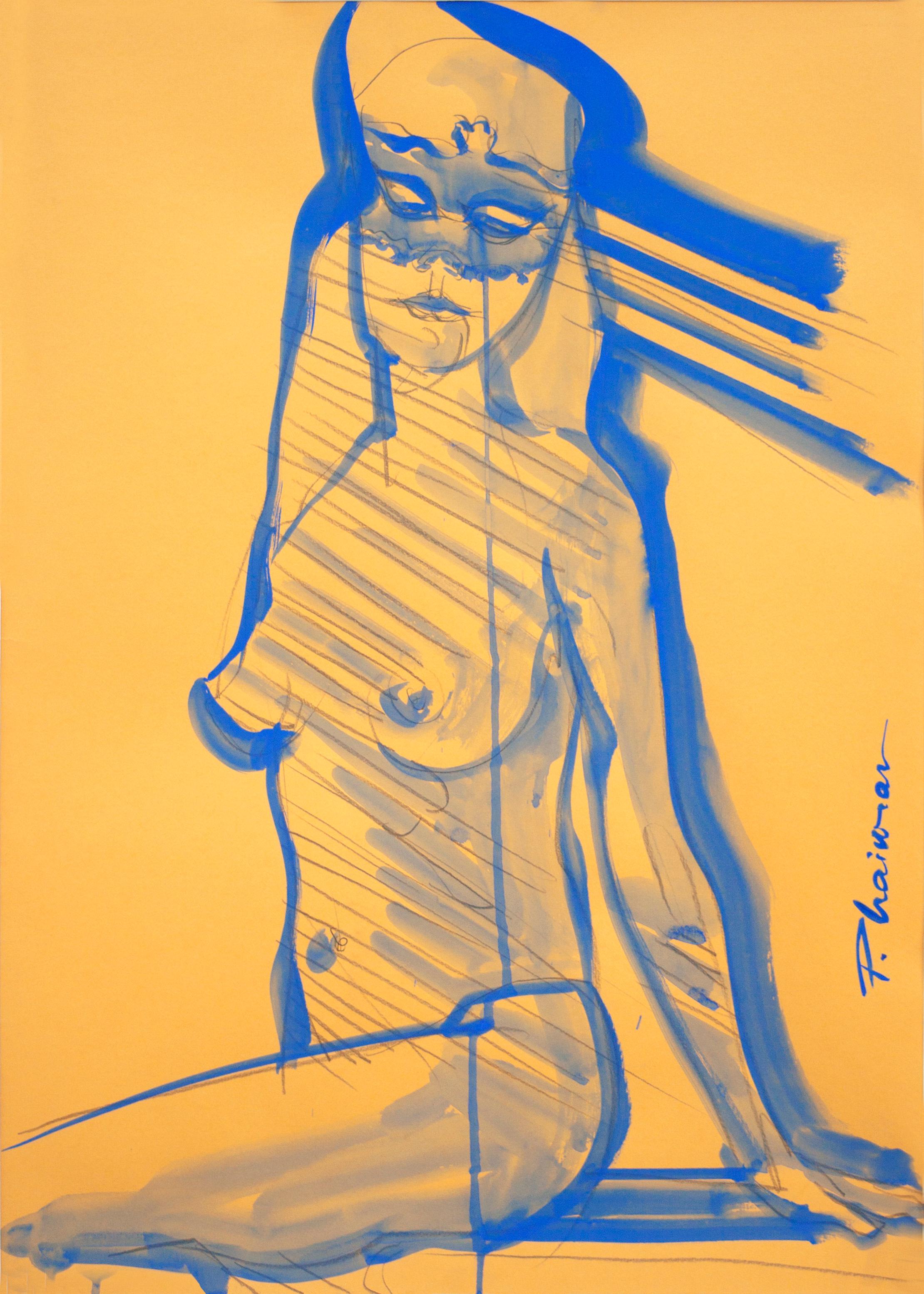 Masked 
Part of my Blue Nude series, inspired by Matisse. Ultramarine tempera on paper.
Masked Nude was part of solo show "Nude in Interior" see pictures.
Shipped rolled in a tube, directly from the artist's studio. Shipping anywhere in the world.