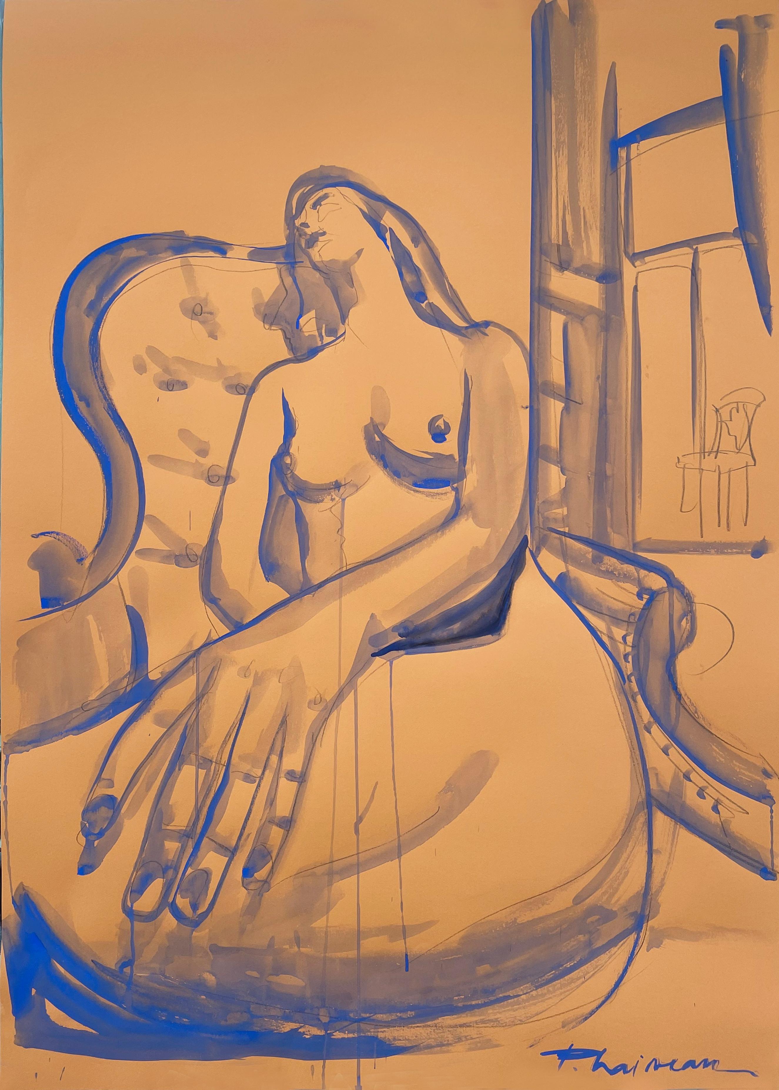 Träumen, Bleistift und ultramarinblaue Tempera auf Papier, inspiriert von Matisse.
Teil der Serie Nude in Interior.
Akt in einem viktorianischen Interieur, in einer filmischen Ansicht. In einer verzerrten Perspektive.

Große Zeichnung. Wird in einer