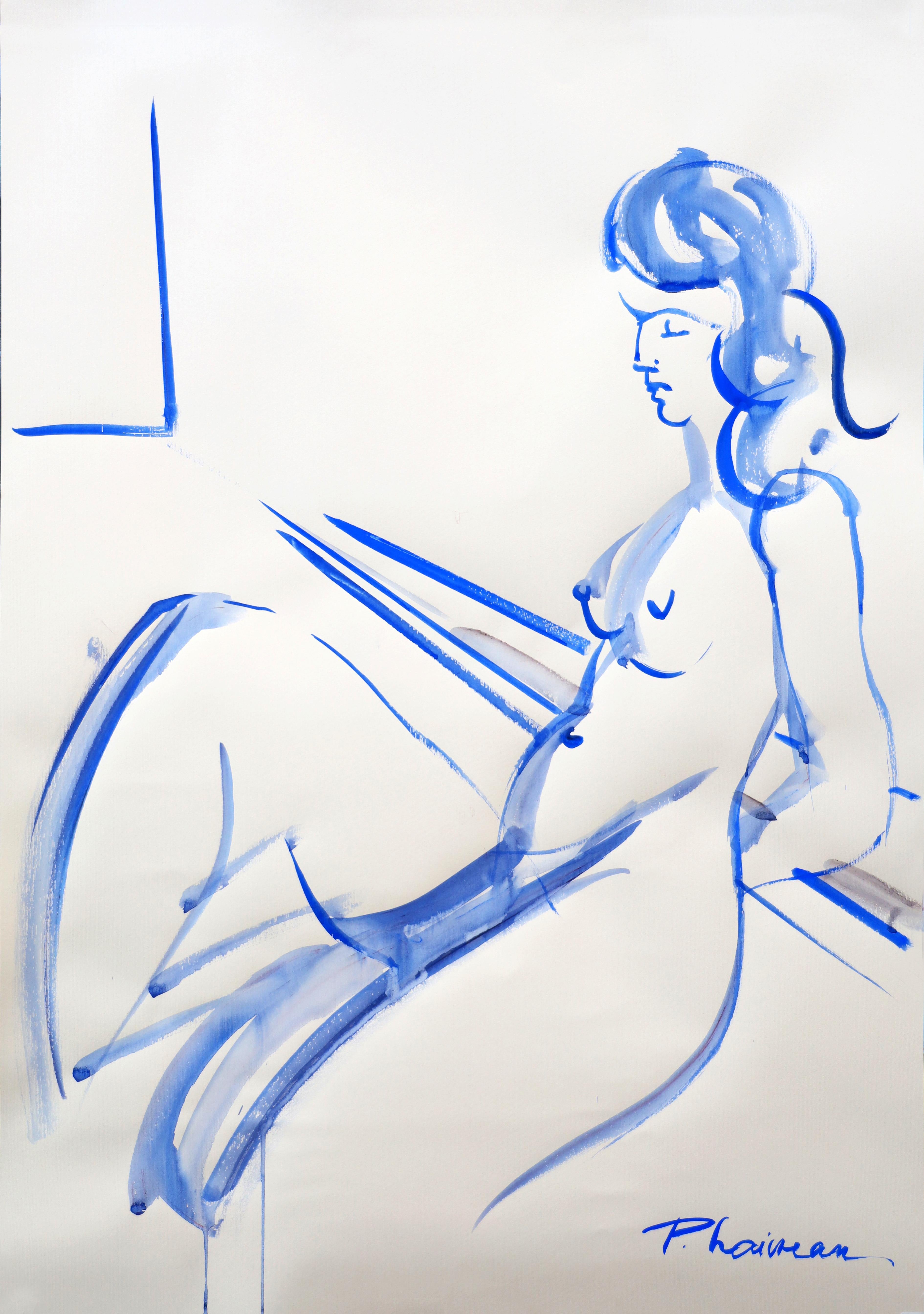 "Sommerblau", Bleistift und ultramarinblaue Tempera auf Papier, inspiriert von Matisse.
Teil der Serie Nude in Interior.
Akt in einem viktorianischen Interieur, in einer filmischen Ansicht. In einer verzerrten Perspektive.


Große Zeichnung. Wird