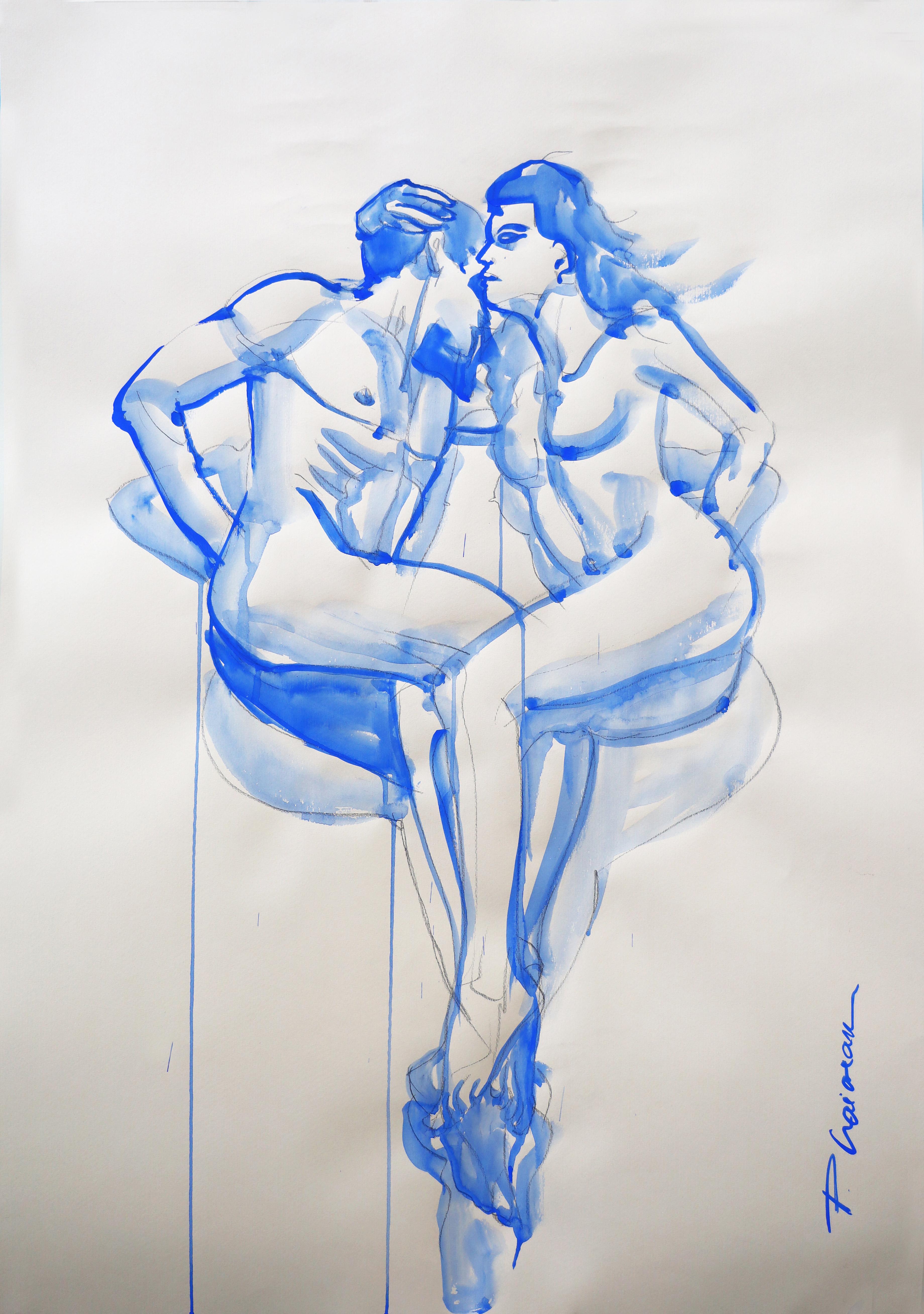 "Entangled", Bleistift und ultramarinblaue Tempera auf Papier, inspiriert von Matisse.
Verliebtes Paar.
Teil der Serie Nude in Interior.


Große Zeichnung. Wird gerollt in einer Tube geliefert,  aus Florida, USA.
