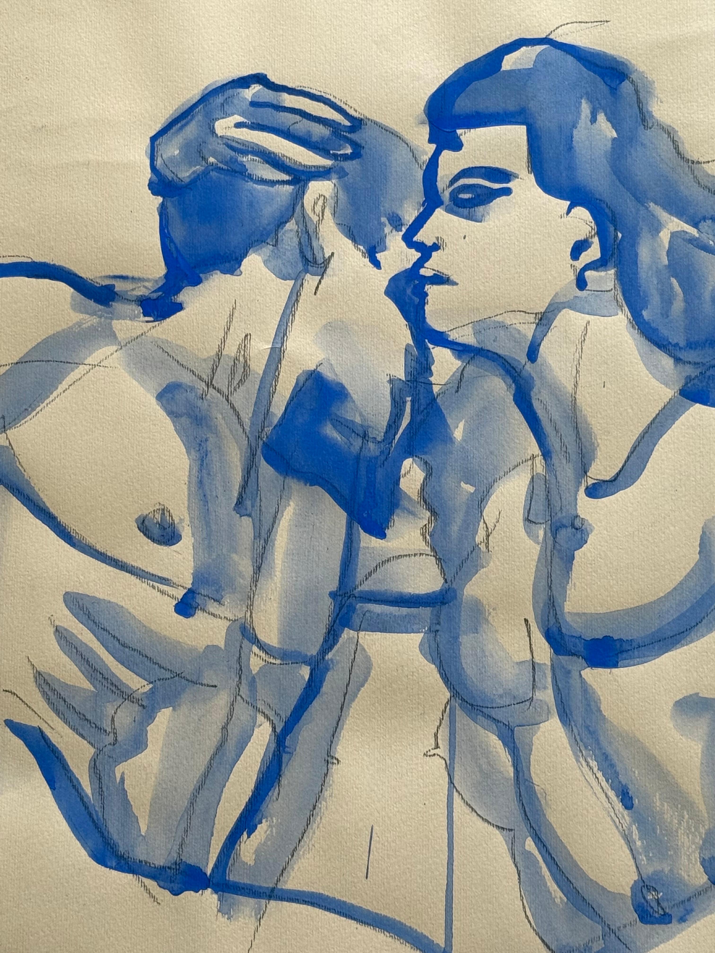 ENTANGLED- grand couple d'amour bleu original de Paula Craioveanu 39x27 pouces en vente 4