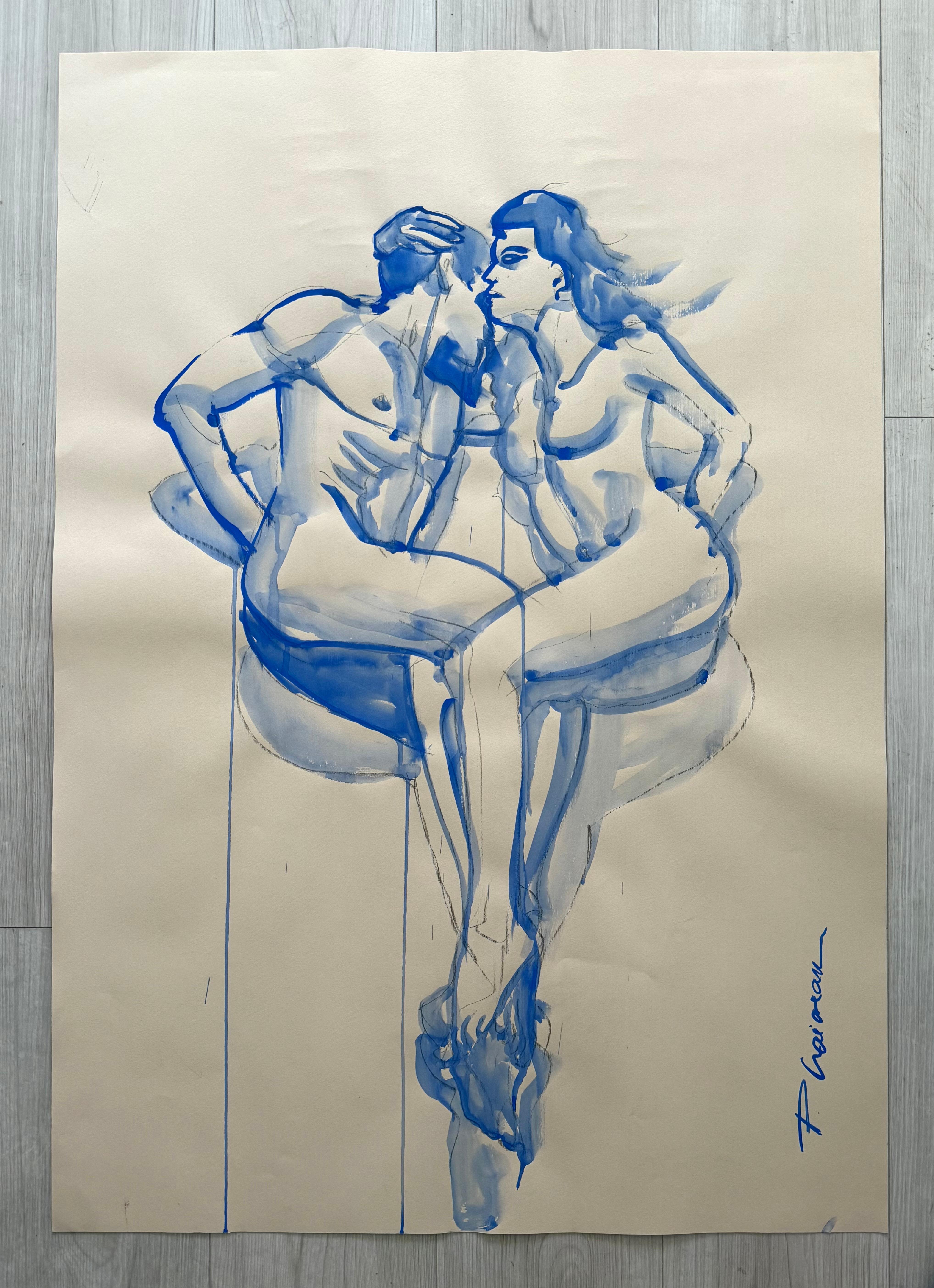 ENTANGLED- grand couple d'amour bleu original de Paula Craioveanu 39x27 pouces en vente 2