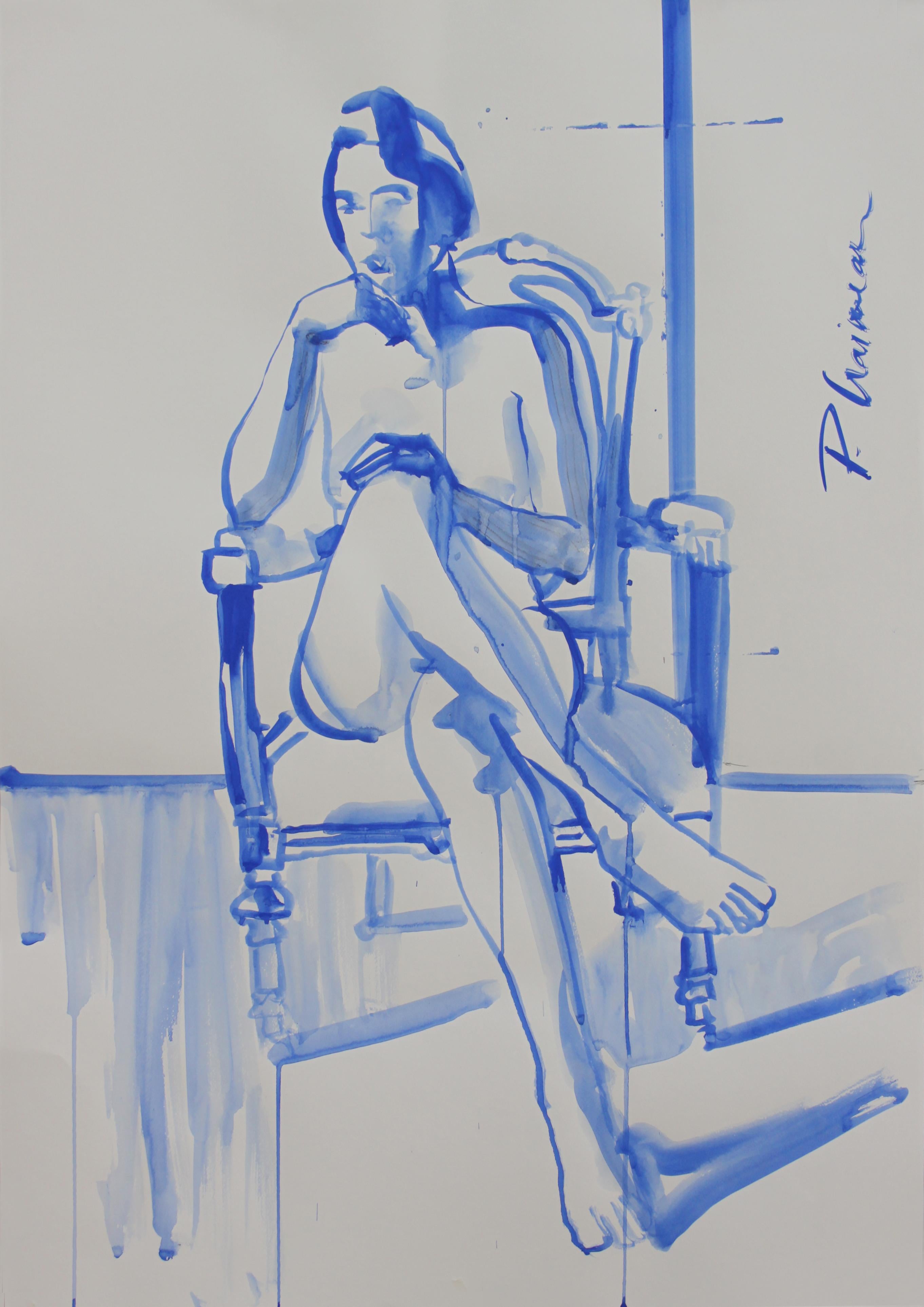 "Stille", Bleistift und ultramarinblaue Tempera auf Papier, inspiriert von Matisse.
Teil der Serie Nude in Interior.

Große Zeichnung. Wird in einer Rolle direkt aus dem Studio des Künstlers geliefert.
Größe  39x27.5in  /100x70cm

Künstlerisches