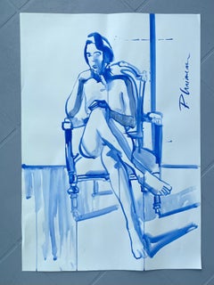 SILENCE - grand nu féminin bleu d'origine par Paula Craioveanu, 39 x 27,5 pouces