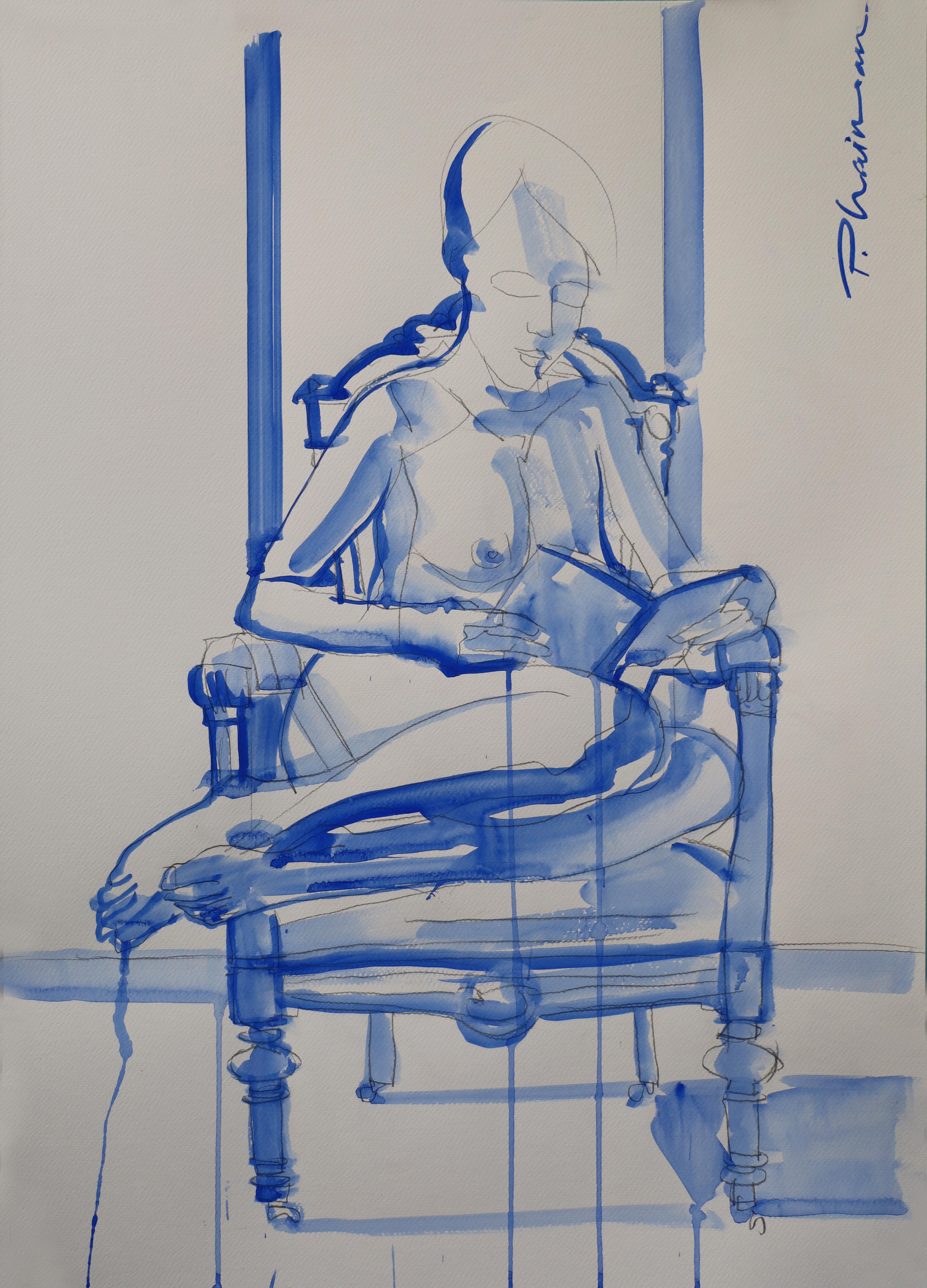 Sitzen auf dem Sessel, Akt, Bleistift und Tempera auf Papier, inspiriert von Matisse.
Teil der Serie Nude in Interior.

Größe 27,5x19,5in / 70x50cm auf schwerem Aquarellpapier, mit Ultramarinblau.
Wird gerollt in einer Tube geliefert,  aus Florida,