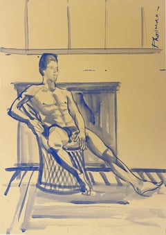 Room with a View - male nude blue drawing by Paula Craioveanu inspired Matisse