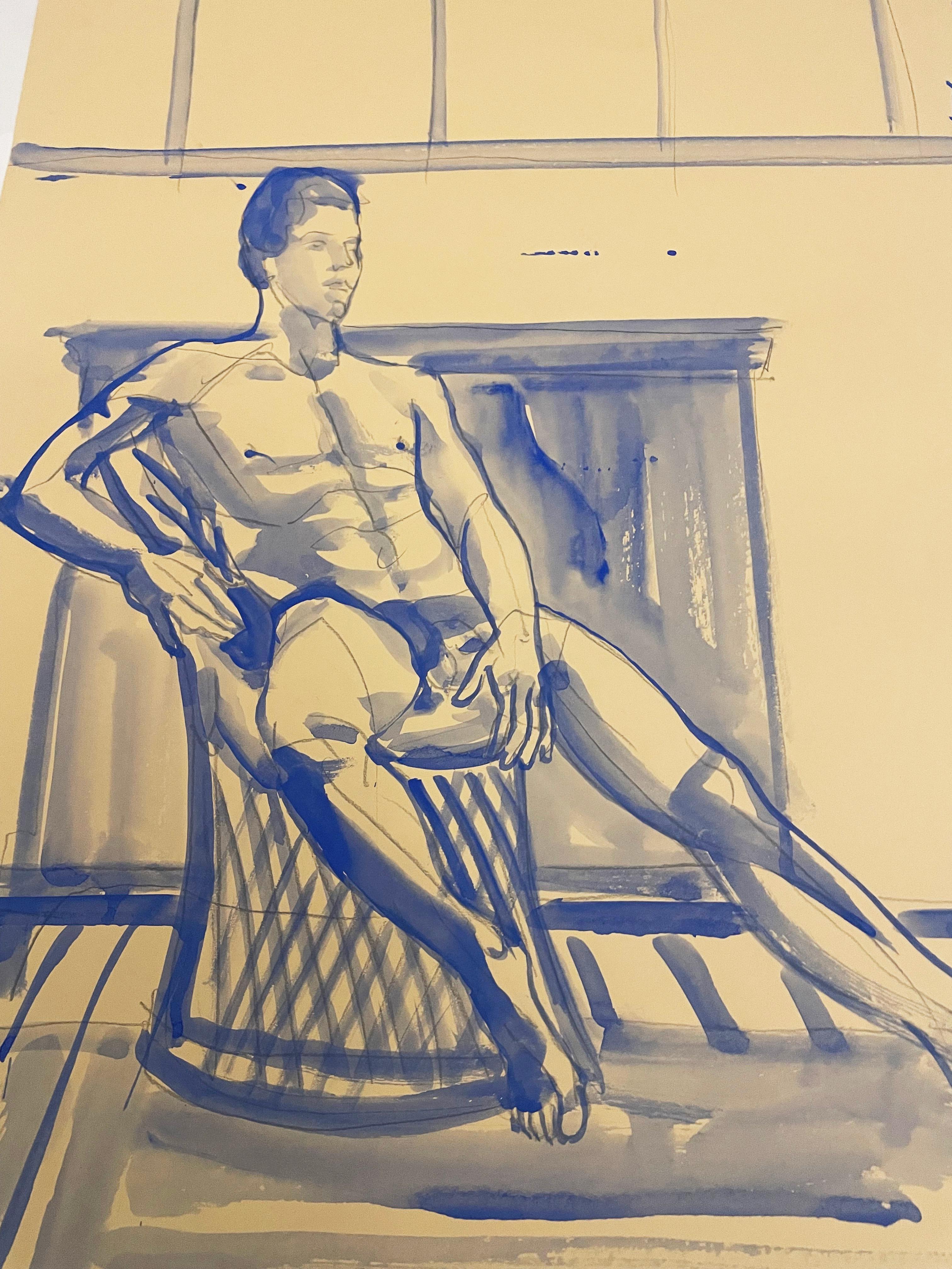 Room with a View – männlicher Akt in Blau, Zeichnung von Paula Craioveanu, inspiriert von Matisse im Angebot 1