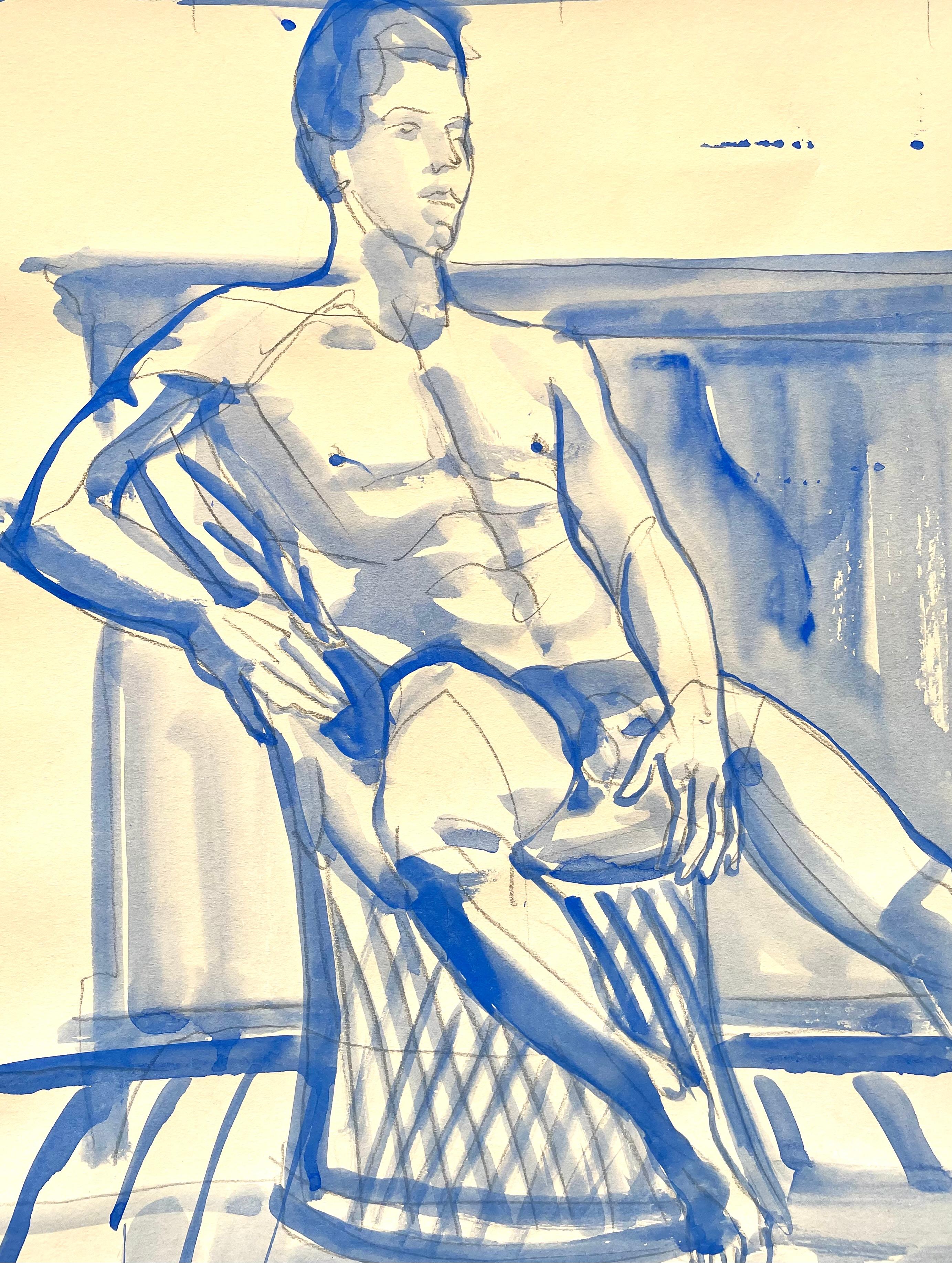 The Room with a View - Nu masculin en bleu dessin de Paula Craioveanu inspiré par Matisse en vente 3