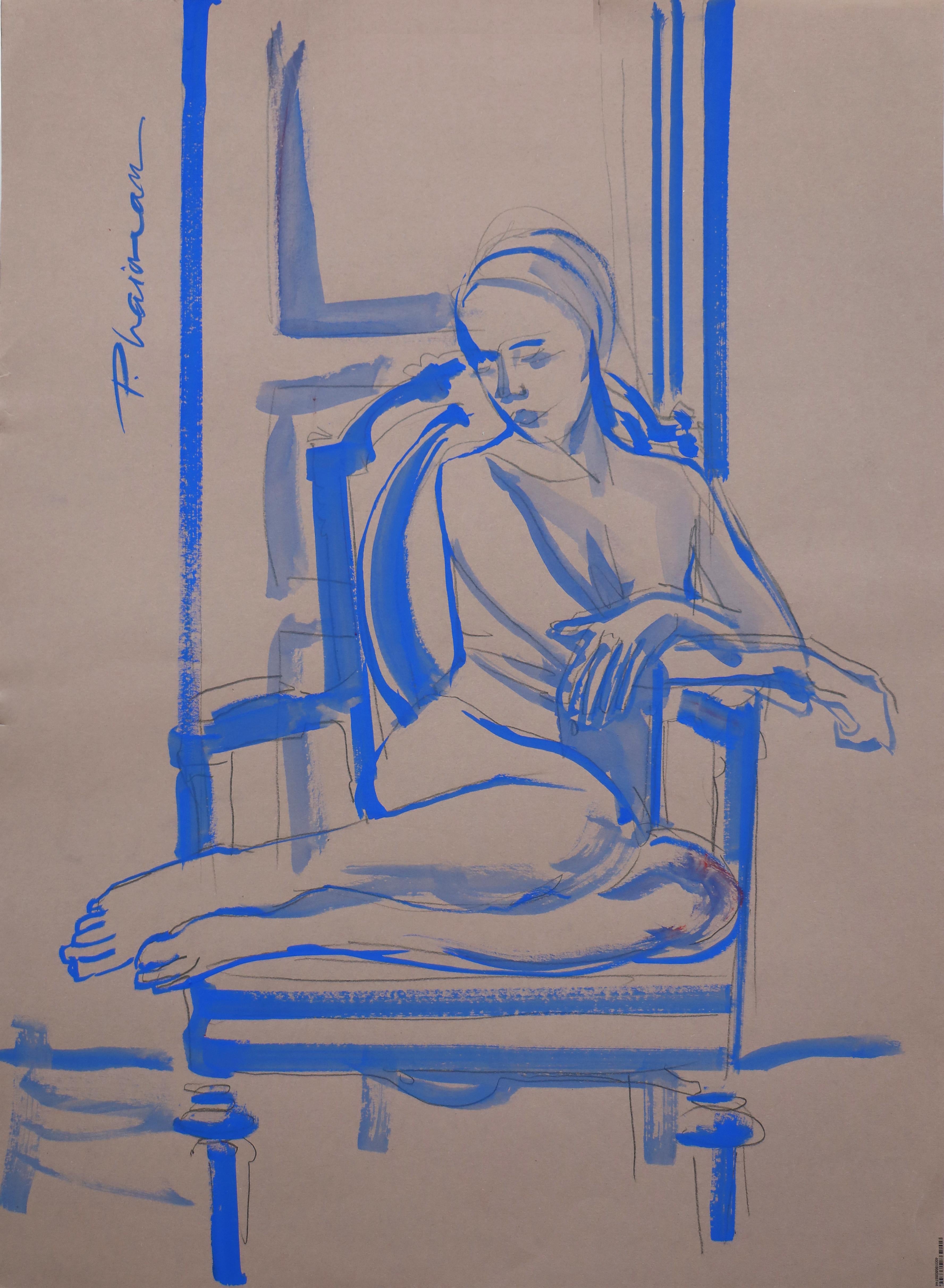 "Nackt in Blau" 
Teil meiner Serie Nude in Interior.
Weiblicher Akt, ultramarinblaue Tempera auf blaugrauem Papier, inspiriert von Matisse.
70x50cm / 27.5x19.5in
Versendet in einer Rolle aus Florida, USA, gut verpackt.
