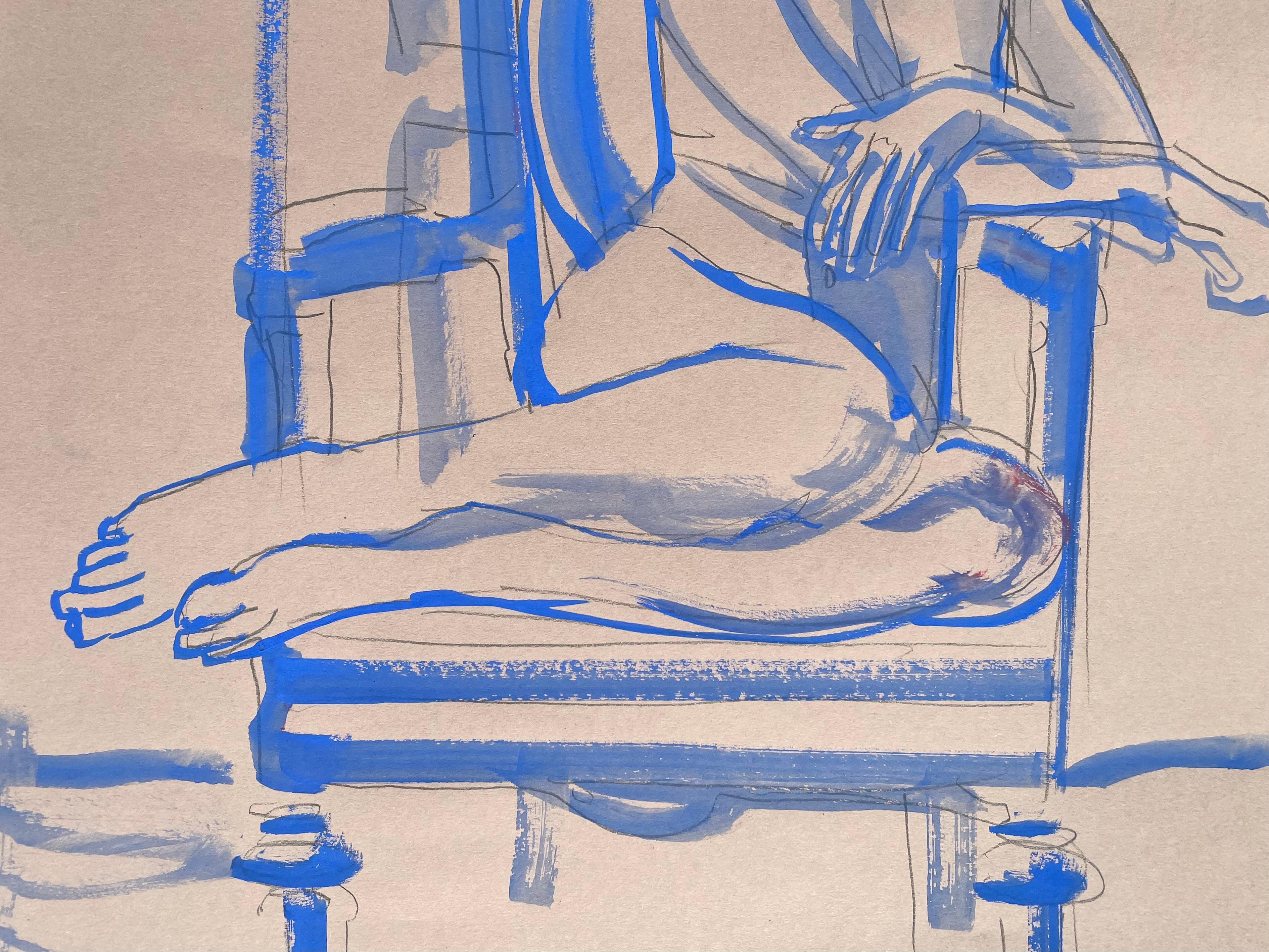 Nude in Blue - female nude drawing by Paula Craioveanu inspired by Matisse For Sale 1