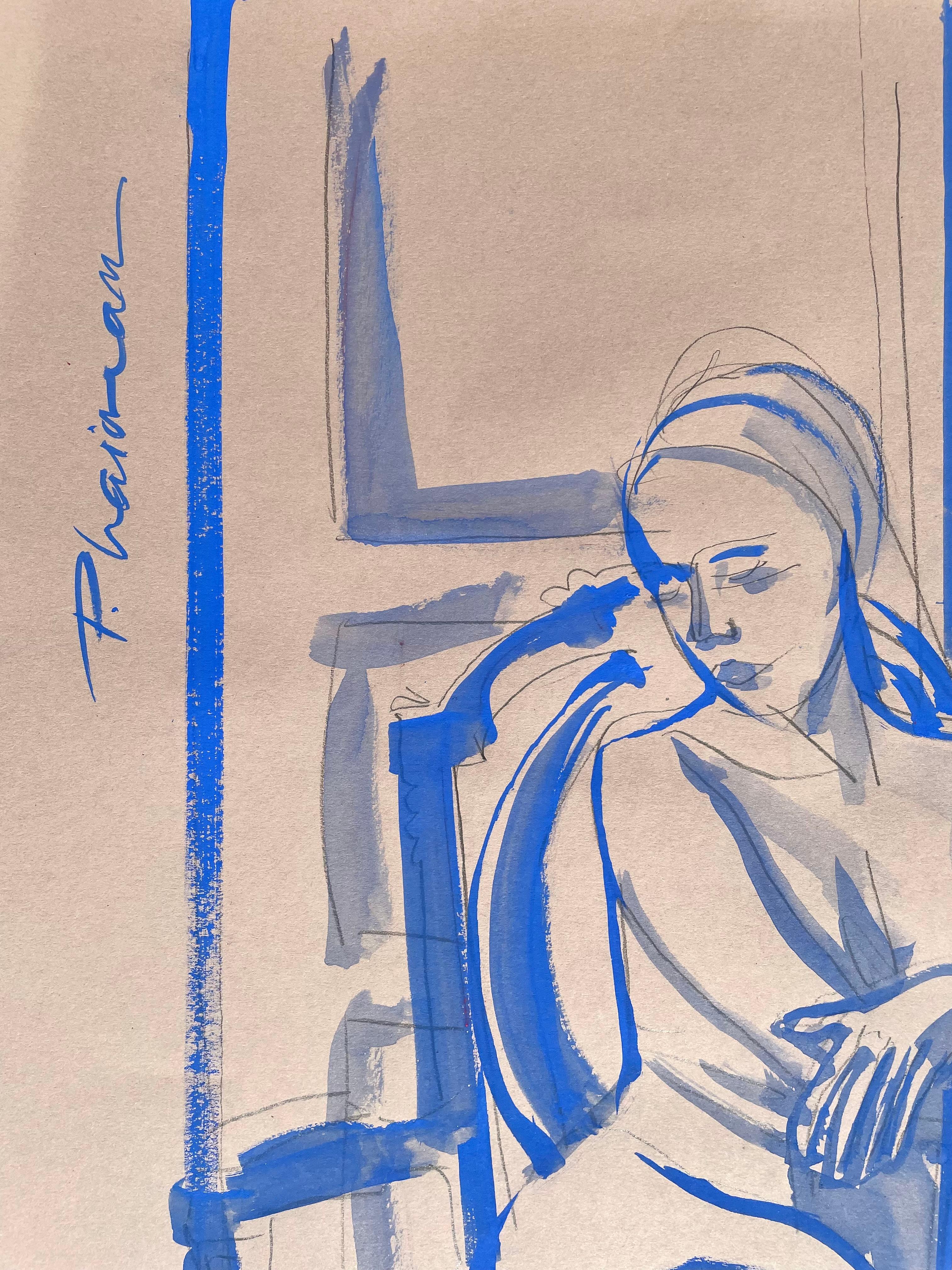 Nude in Blue - female nude drawing by Paula Craioveanu inspired by Matisse For Sale 2