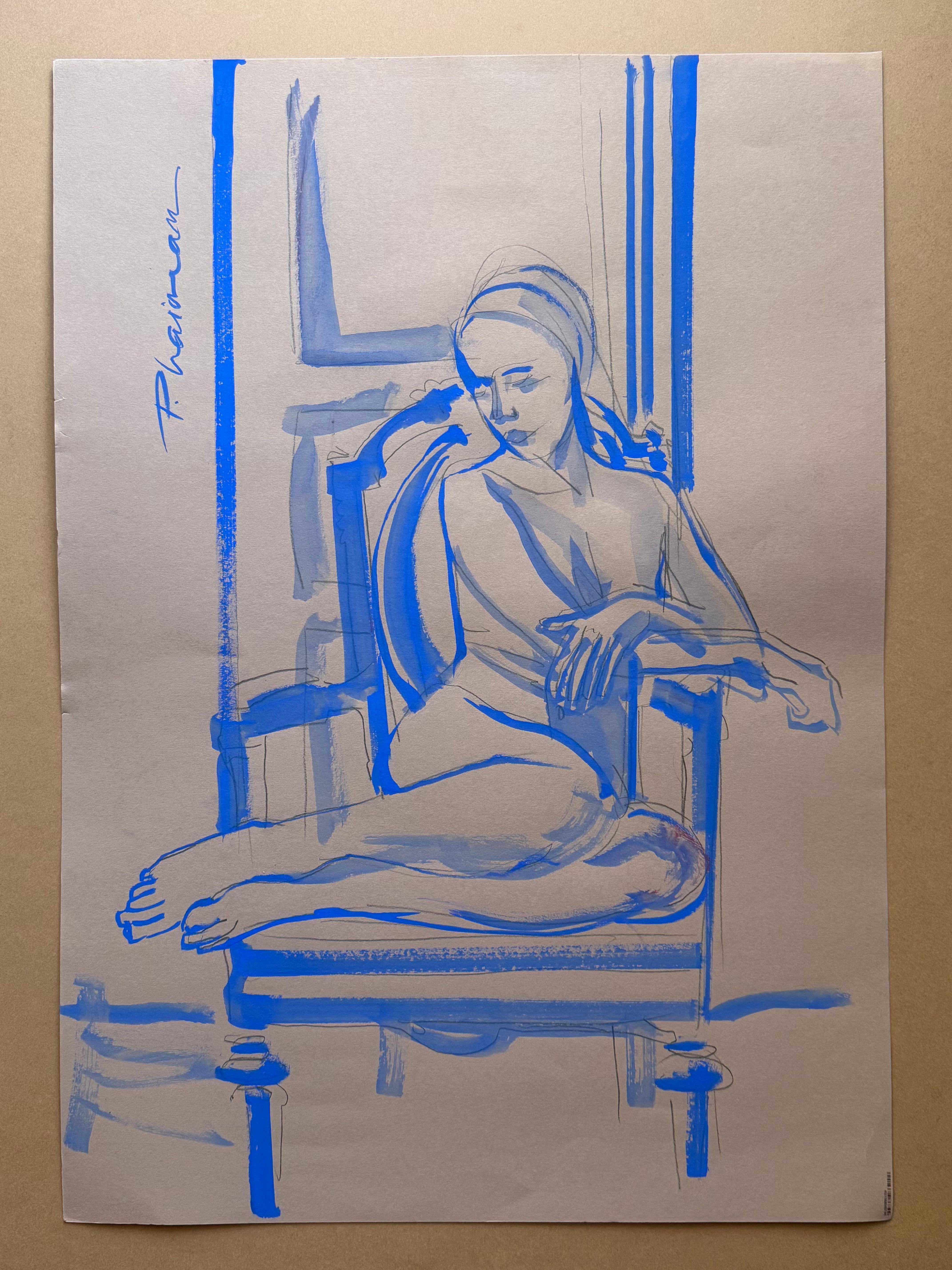 Nude in Blue - female nude drawing by Paula Craioveanu inspired by Matisse For Sale 3