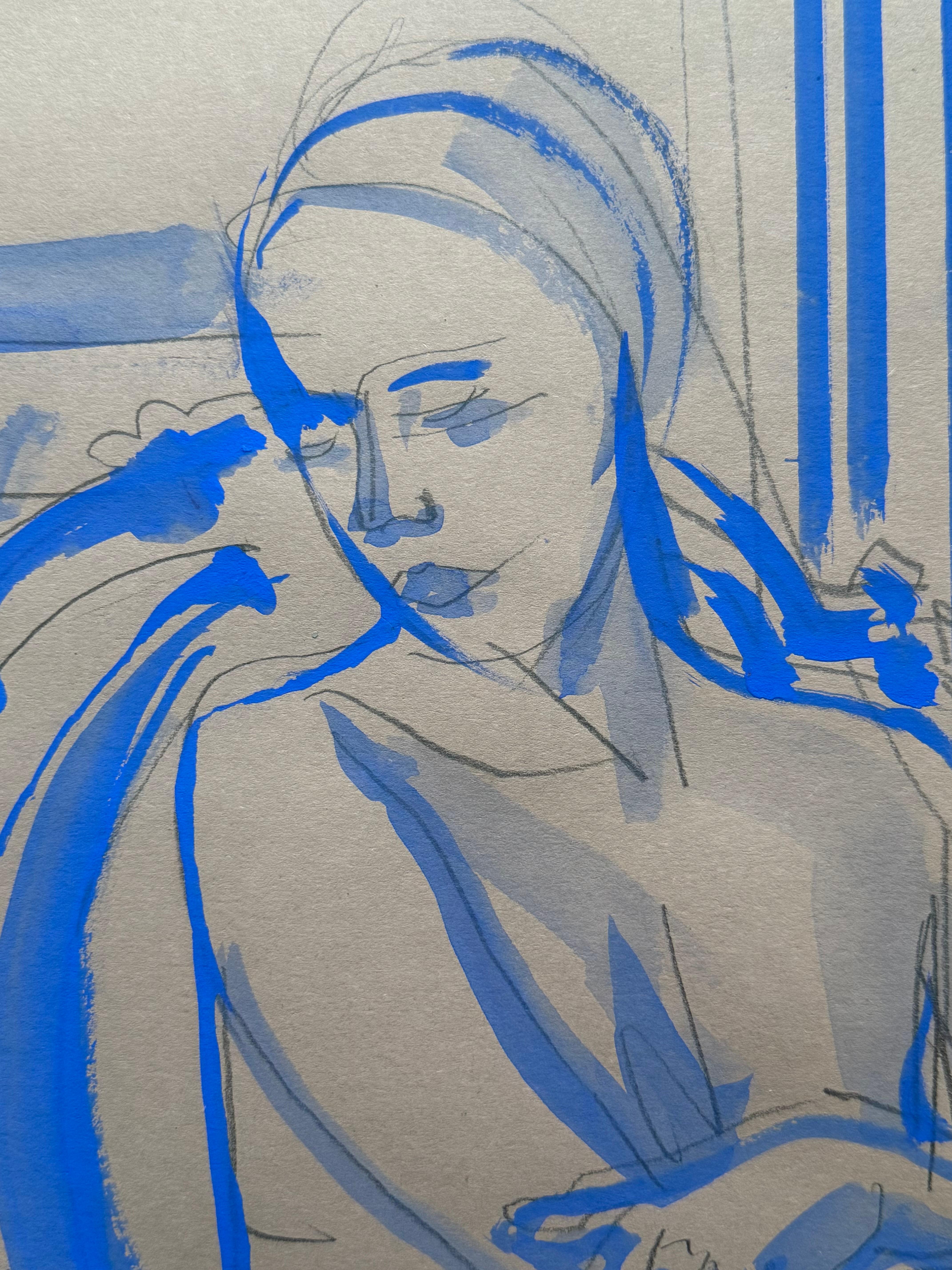 Nude in Blue - female nude drawing by Paula Craioveanu inspired by Matisse For Sale 5
