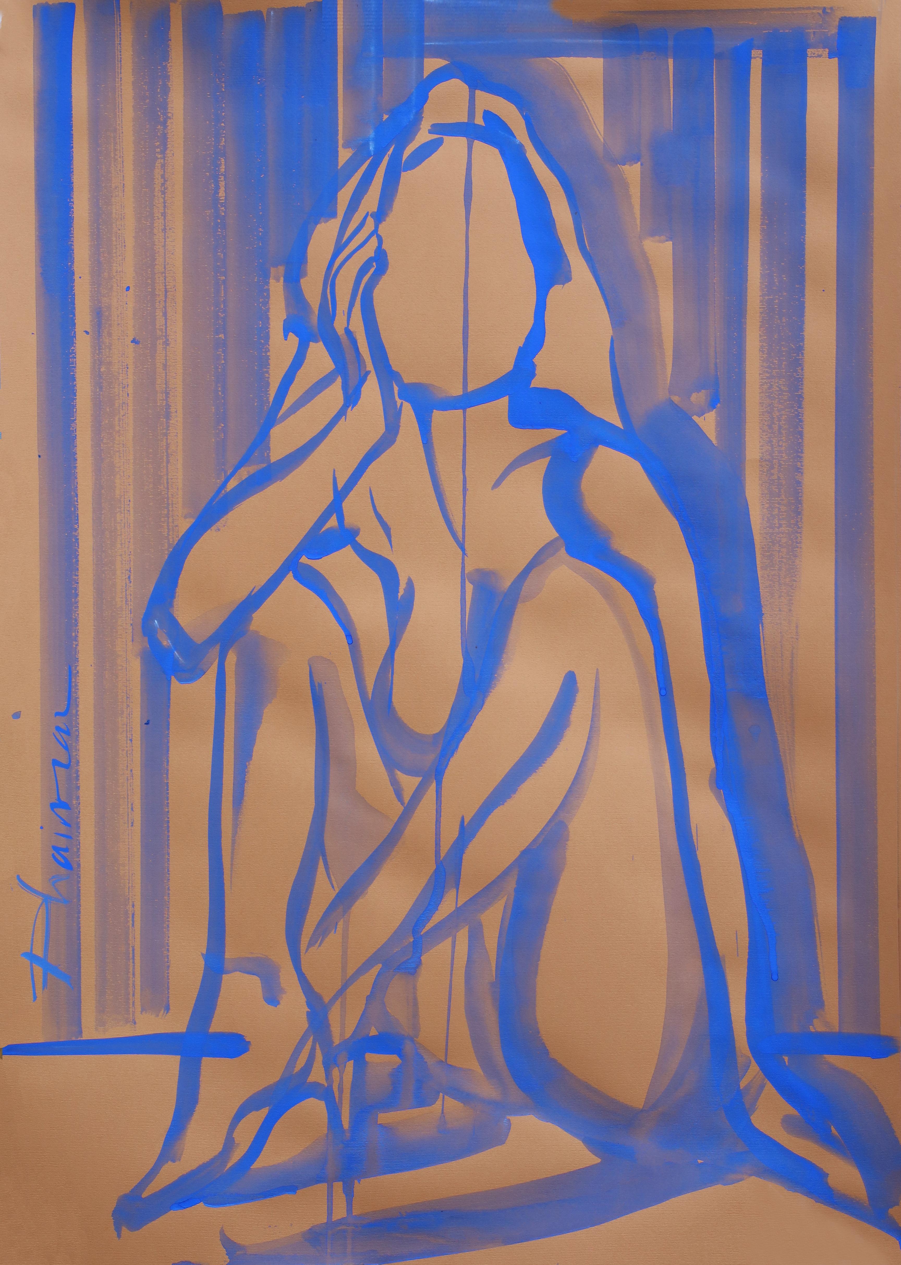Self Love, nu, tempera outremer sur papier coloré, inspiré par Matisse.
Fait partie de la série Nude in Interior.
Une ligne expressive,  révélant l'essentiel du corps sensuel de la femme.
Livré roulé dans un tube, directement depuis le studio de