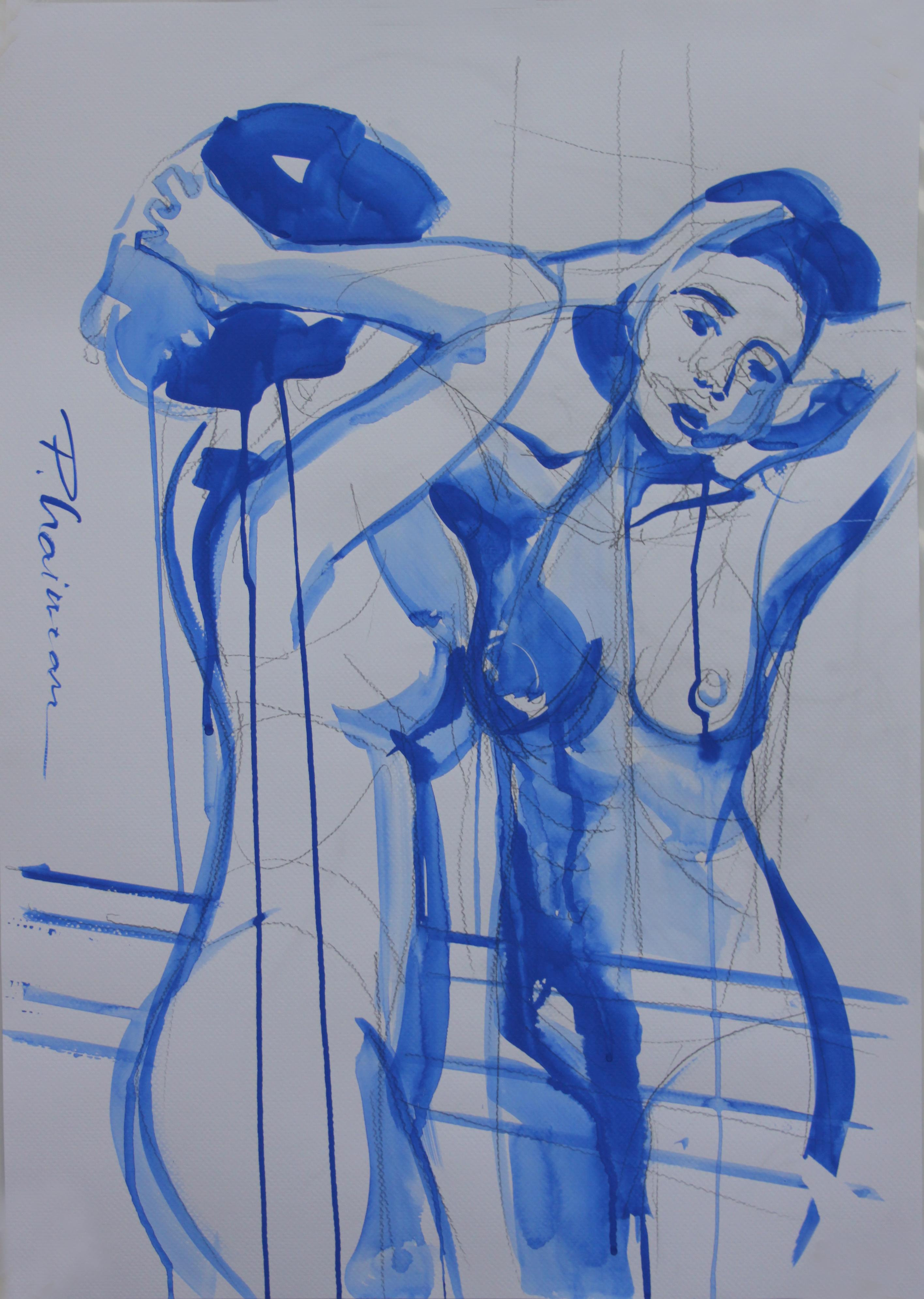 In the Mirror 2 , nude, ultramarine tempera on colored paper, inspired by Matisse.
Part of Nude in Interior series.

Shipped rolled in a tube, directly from the artist's studio.


1st dibs offers free shipping for certain items, check this offer:
"