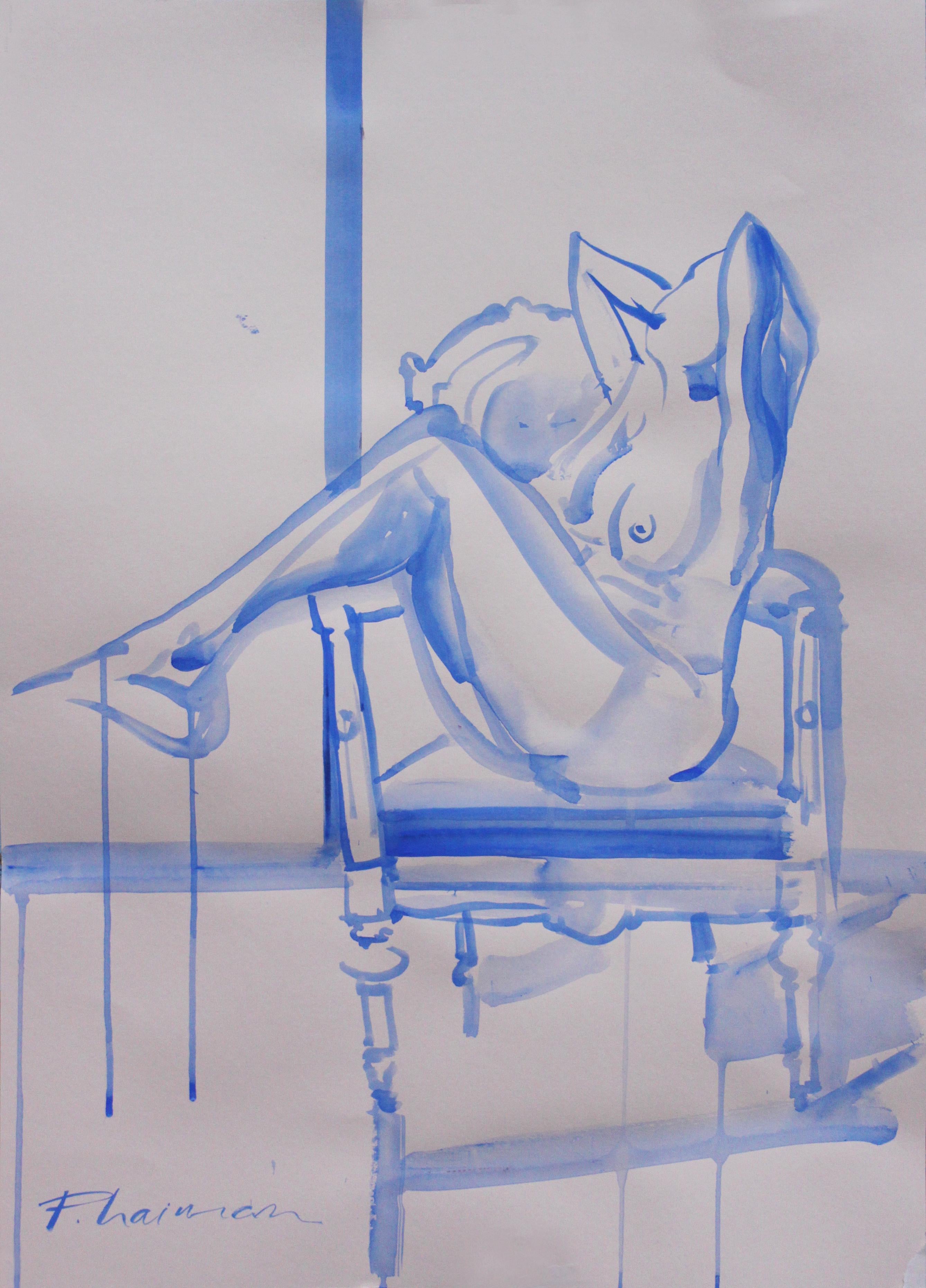"Bright Day", nude, ultramarine tempera on colored paper, inspired by Matisse.
Part of Nude in Interior series.
Shipped rolled in a tube. Fast shipping, anywhere in the world, 7 days.
1st dibs offers free shipping for certain items, check this