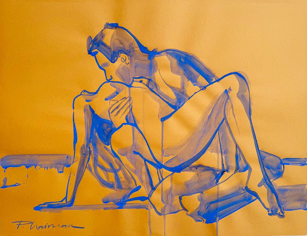 “Love is in the Air”. Nude couple in embrace. Original drawing with blue ultramarine tempera  on paper.
Size 27.5x19.5in / 70x50cm . Comes with a certificate of authenticity. Shipped rolled in a tube, well packed. Get free shipping with 1stdibs code