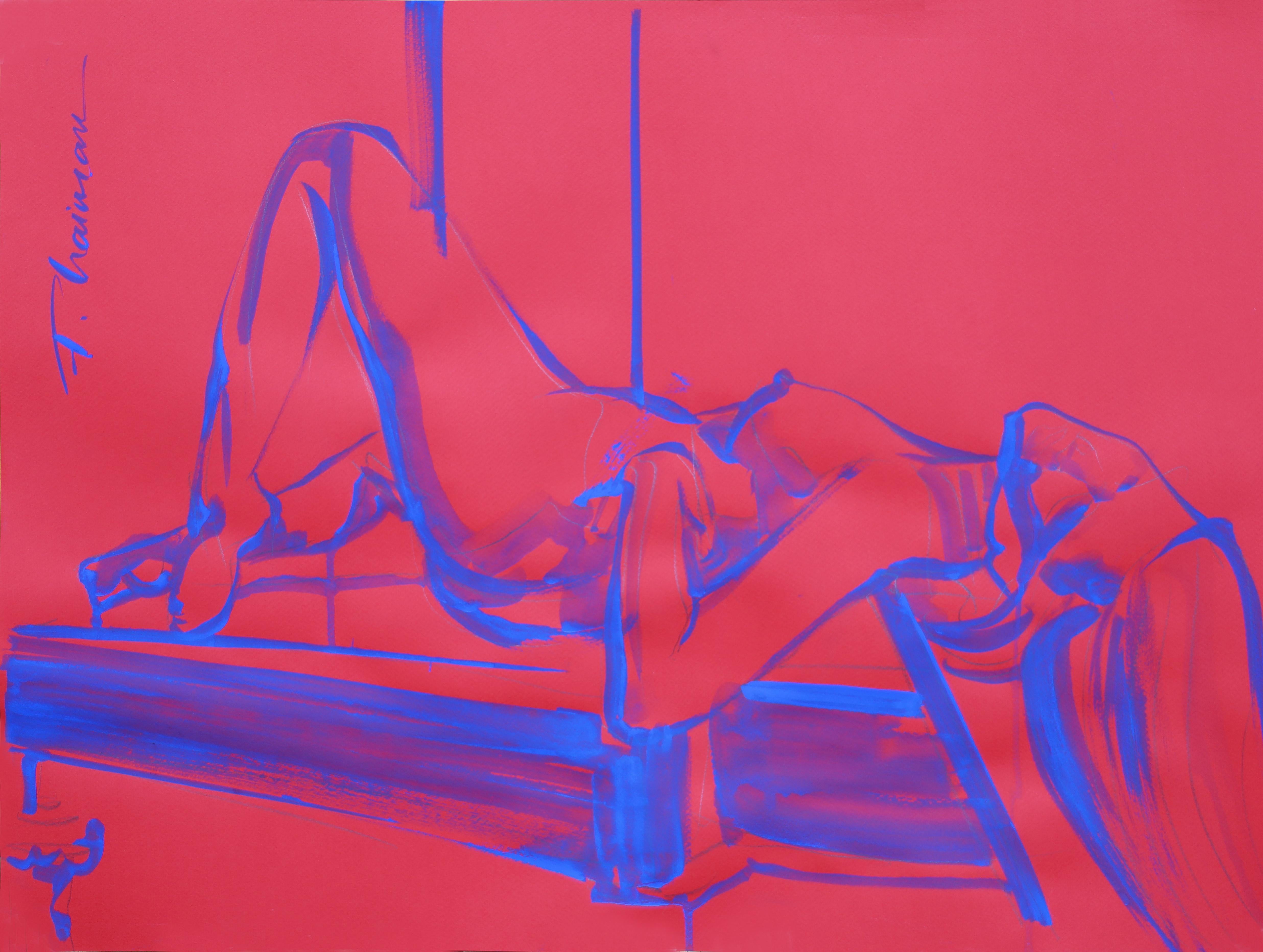 "Bienheureux" 

Fait partie de la série "Nude in Interior".
Œuvre originale sur papier coloré, à la détrempe bleu outremer sur papier coloré rouge, inspirée par Matisse.  
Taille 2 : 7.5x19.5in / 70x50cm . Livré roulé dans un tube.

Livraison