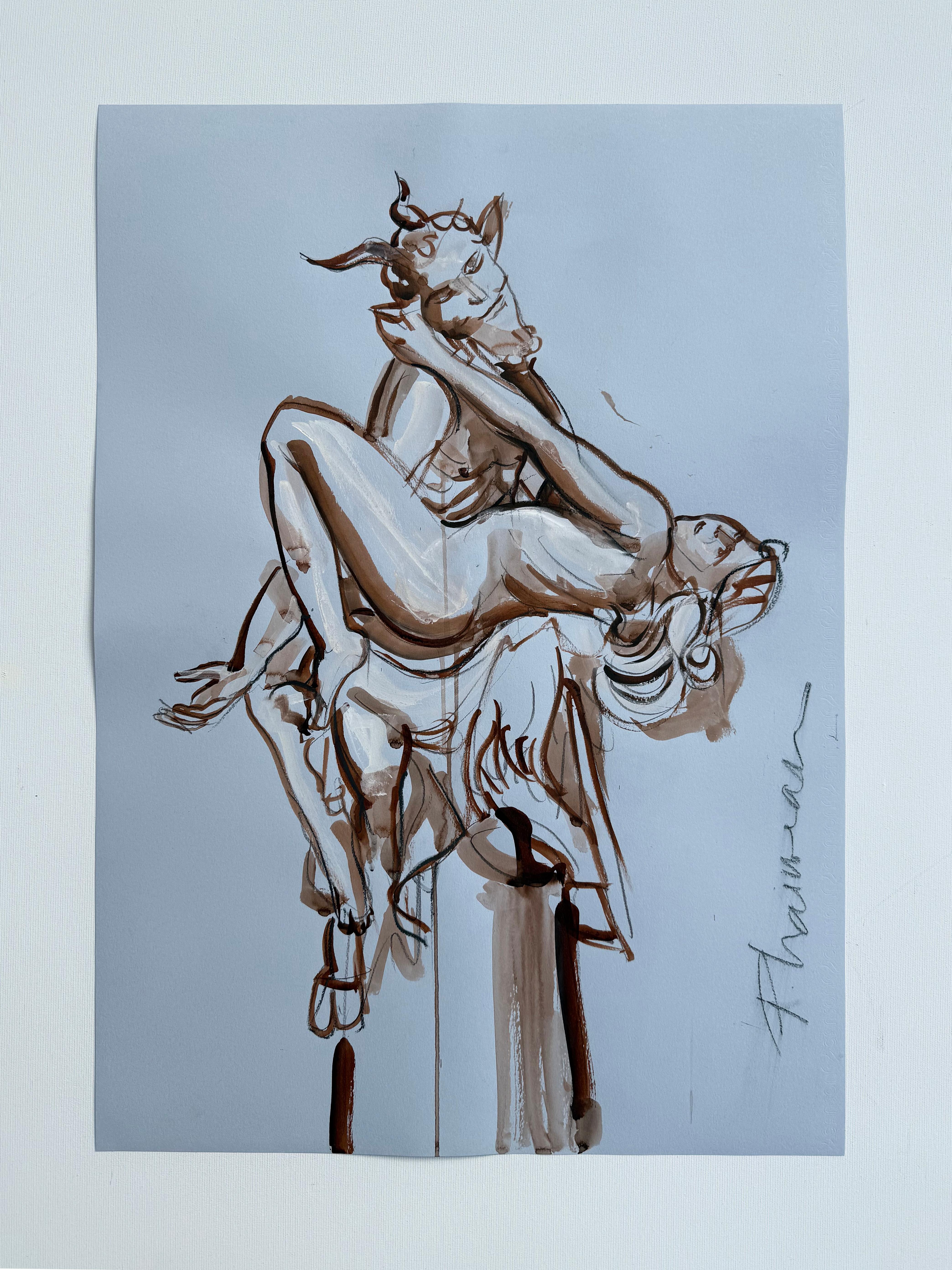 SATYR and NYMPH néo-mythologie  Encre de Paula Craioveanu en vente 3