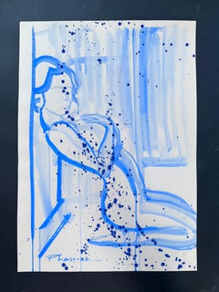 Desire, Nude Drawing in Ultramarine Tempera on Colored Paper