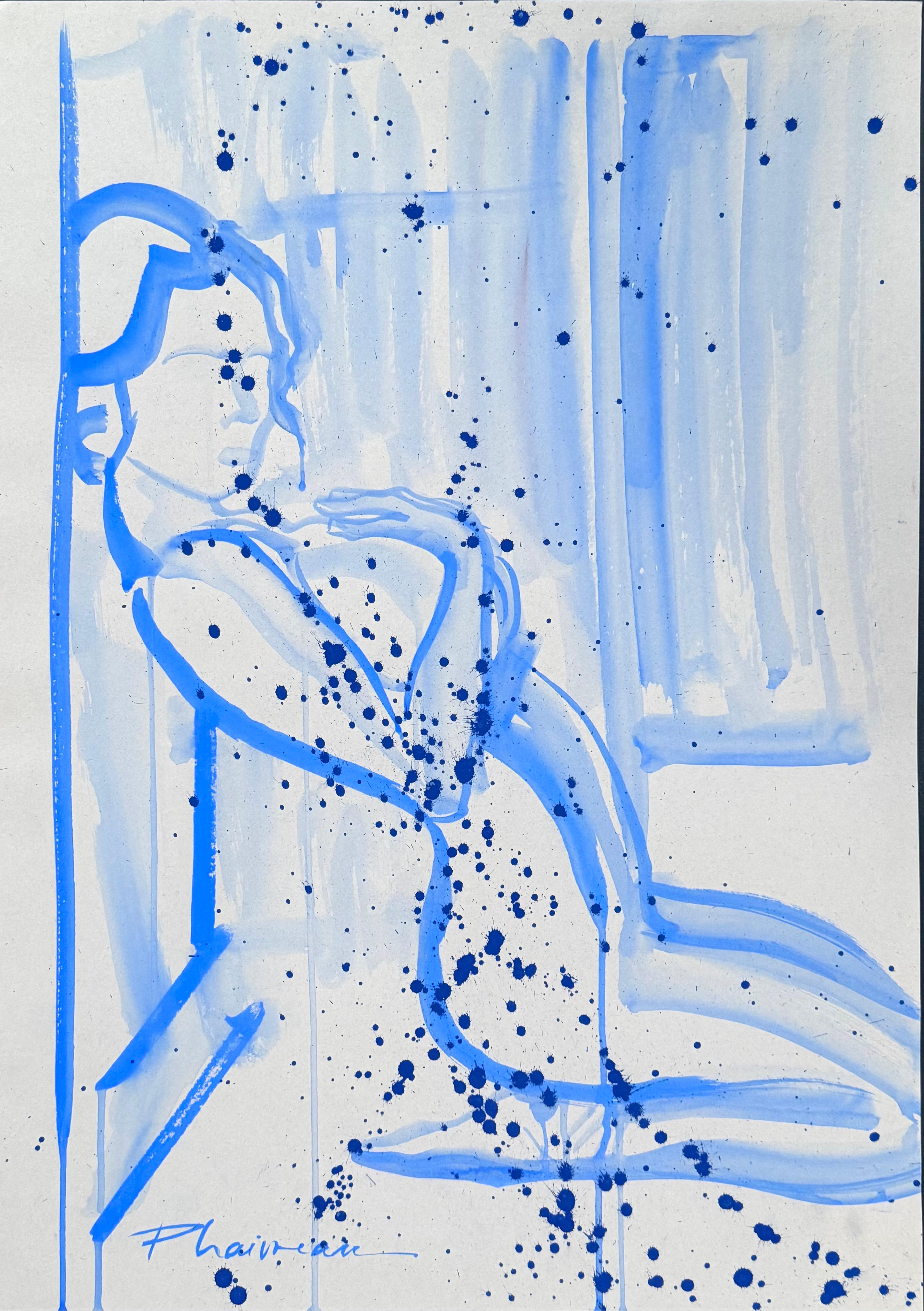 „Desire“, Aktzeichnung in Ultramarin-Tempera auf farbigem Papier